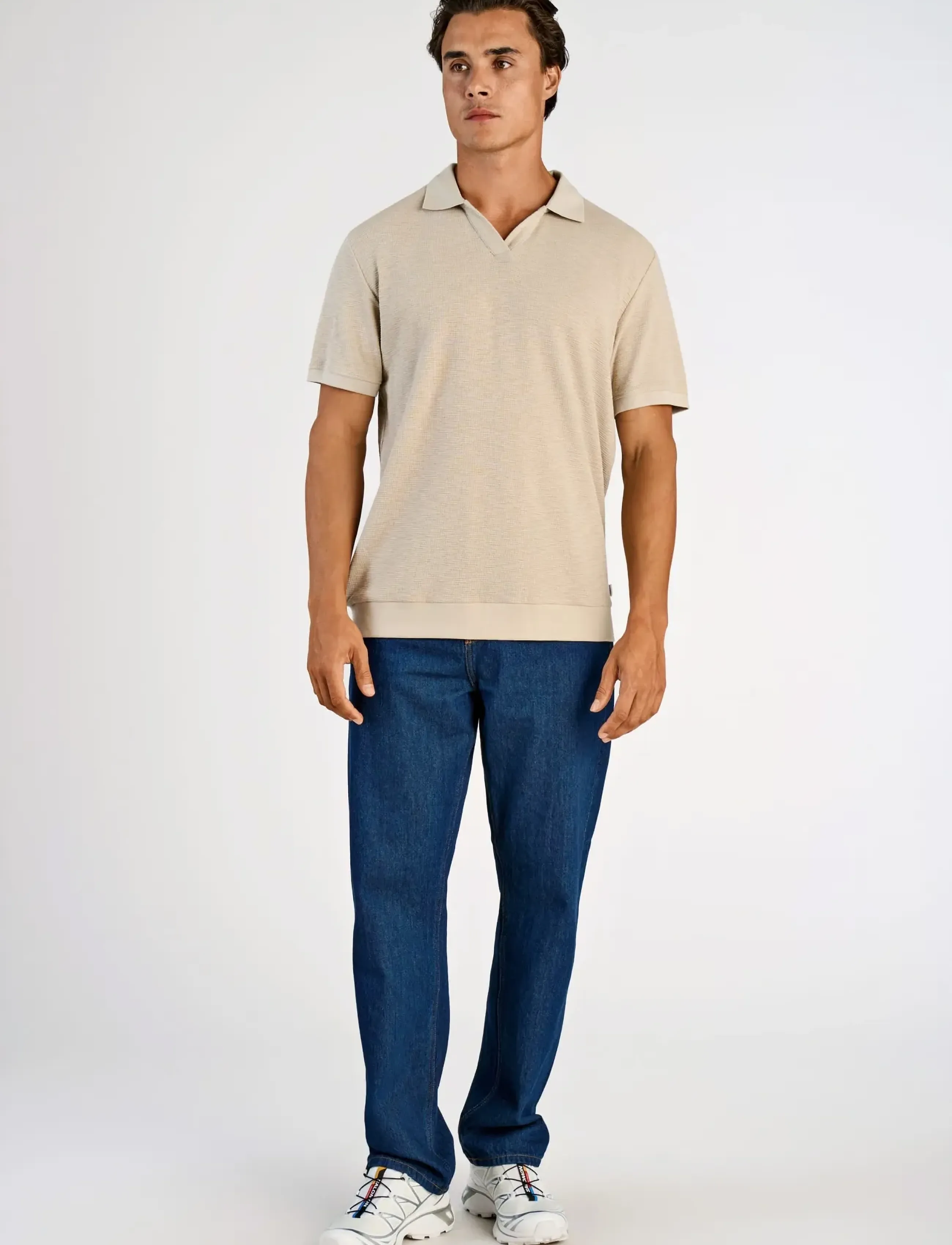 Lindbergh Open collar structure rib polo - Kläder - STONE / beige