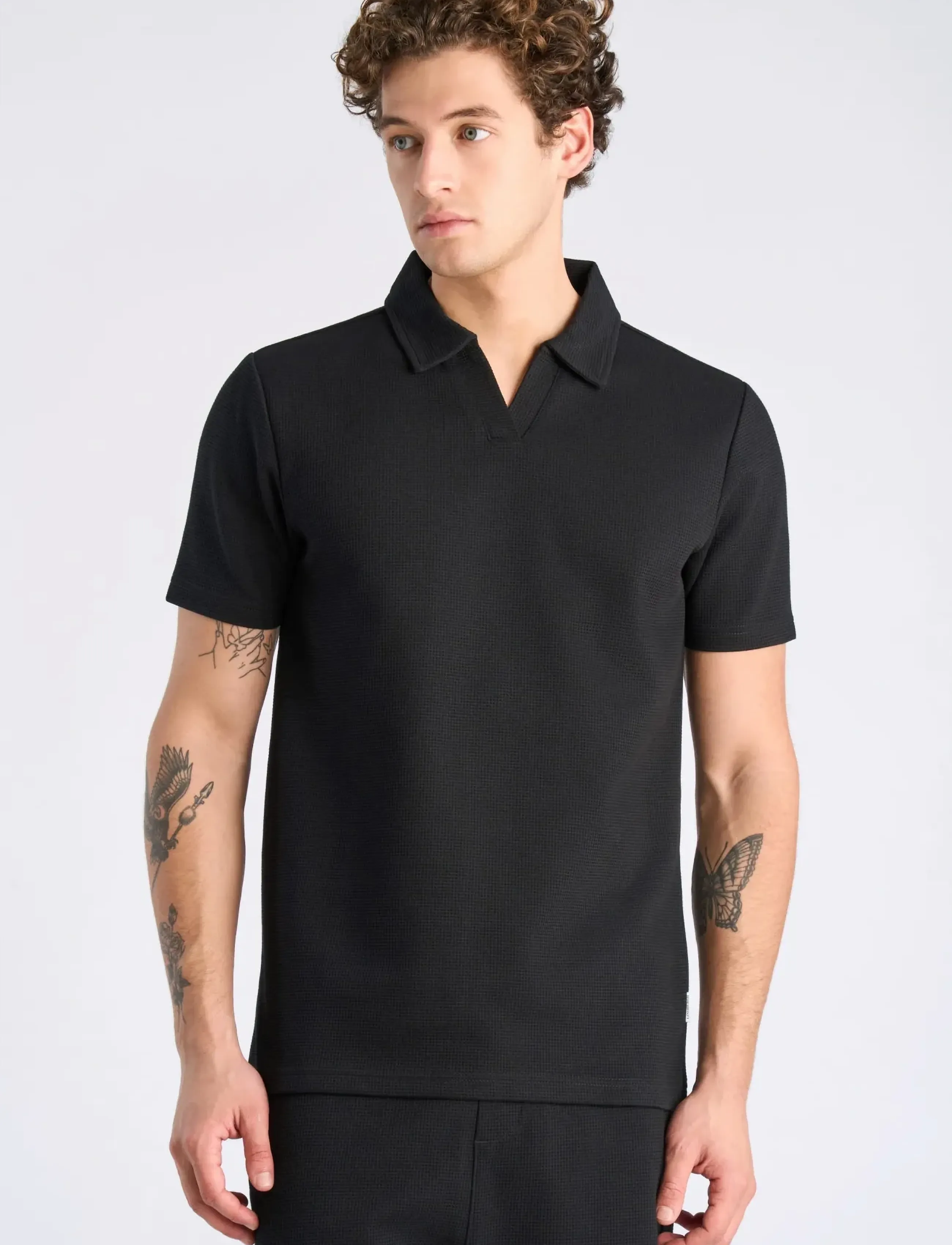Lindbergh - Waffle polo split neck - short-sleeved polos - black - 3