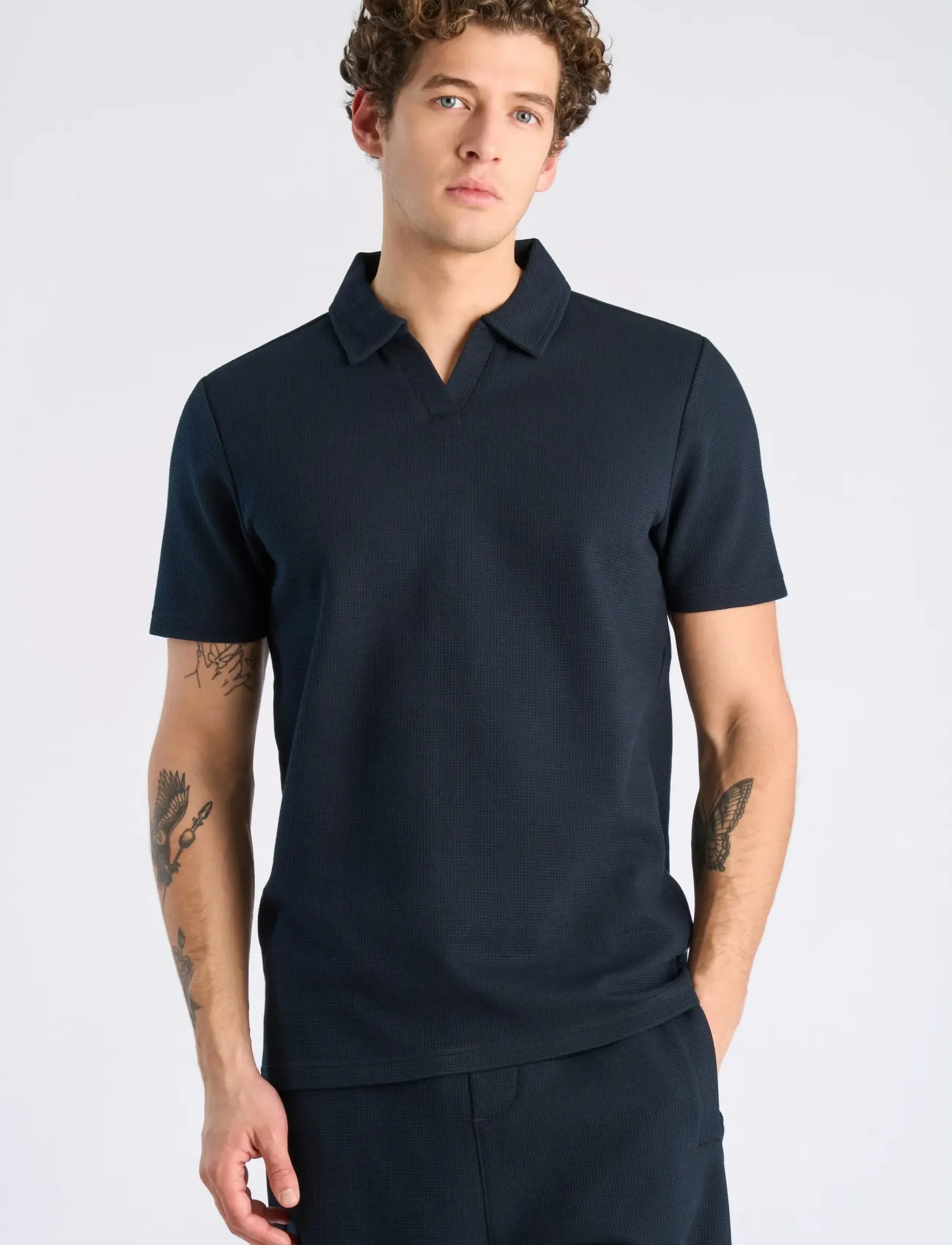 Lindbergh - Waffle polo split neck - kortärmade pikéer - navy - 3