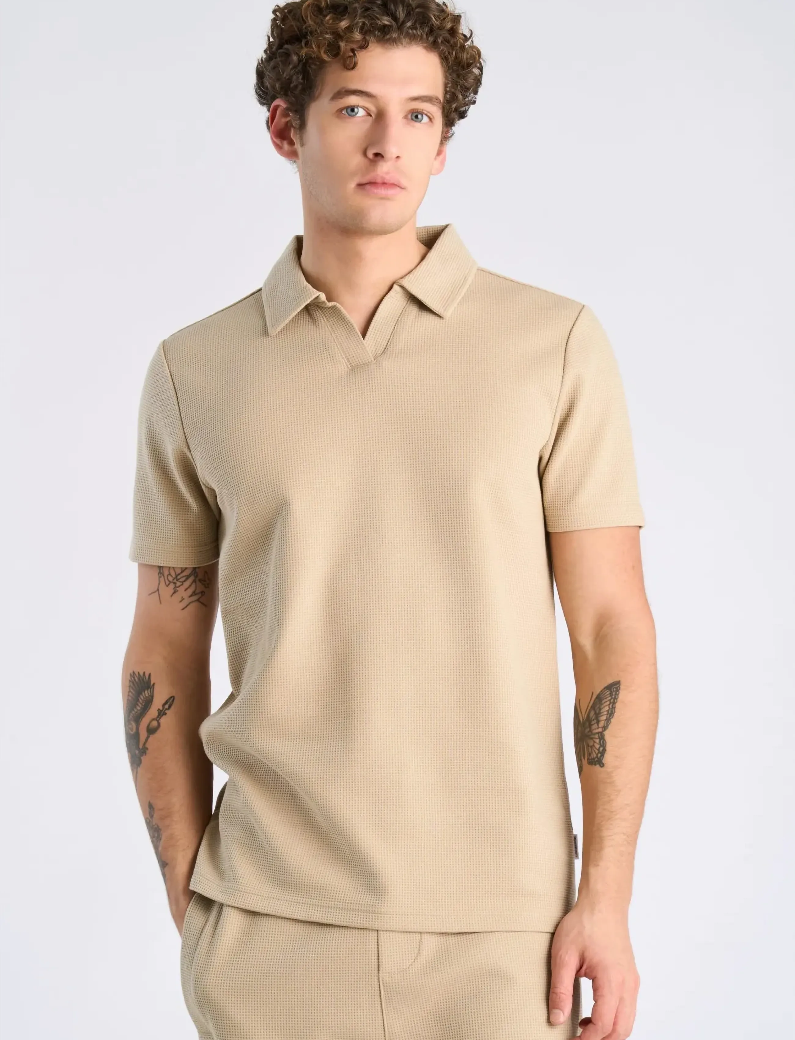 Lindbergh - Waffle polo split neck - kortærmede poloer - sand - 3