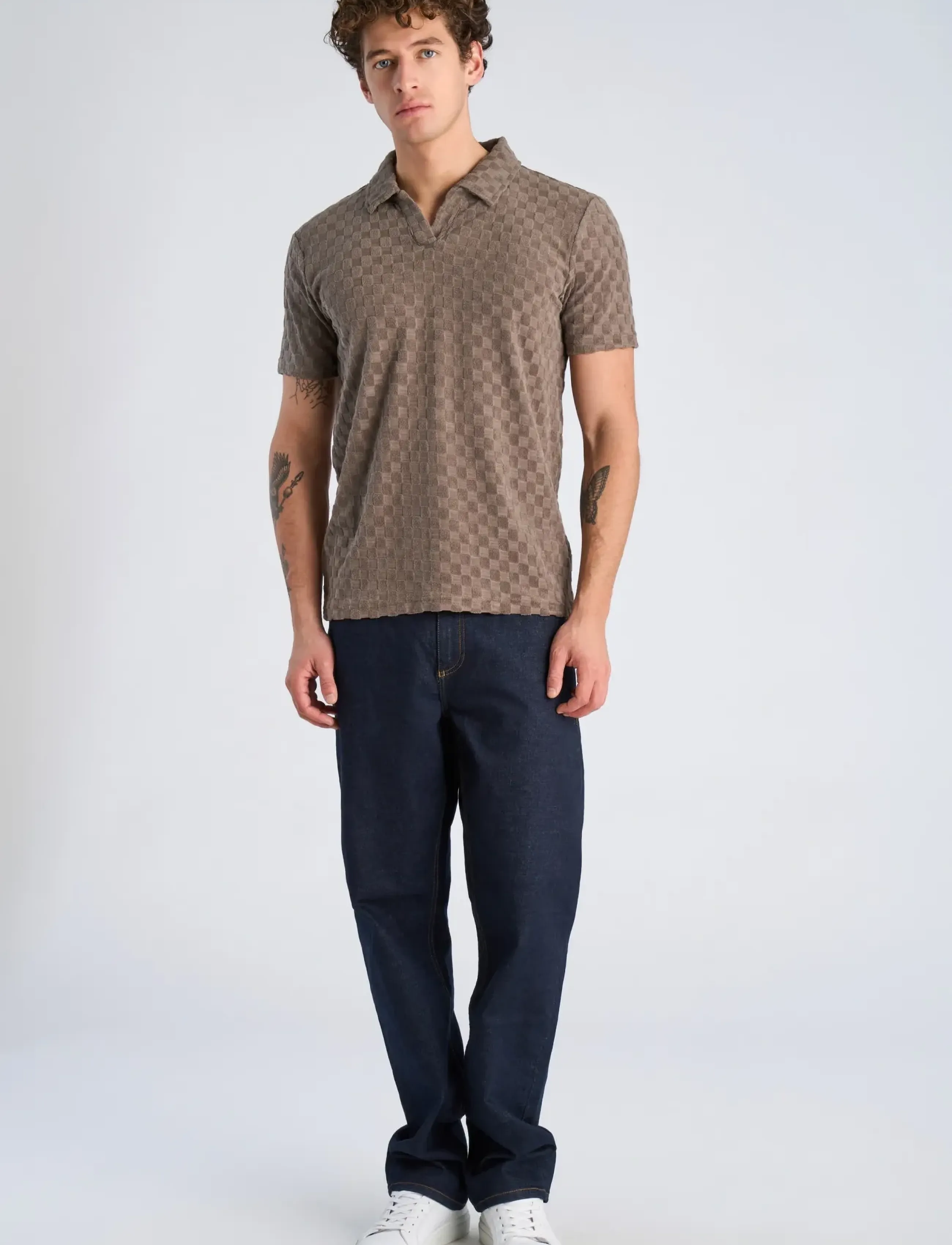 Lindbergh Checkered towel v-neck polo S/S - Poloshirts - DK STONE / brown