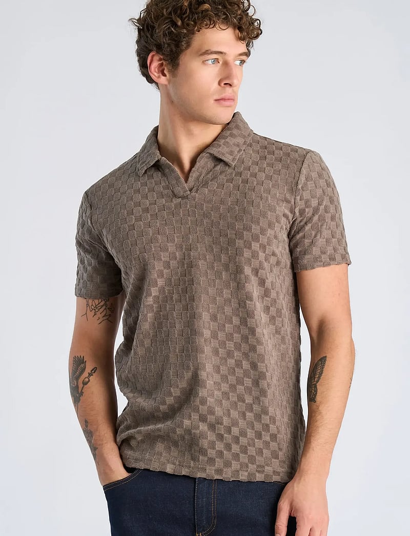 Lindbergh - Checkered towel v-neck polo S/S - kortærmede poloer - dk stone - 3