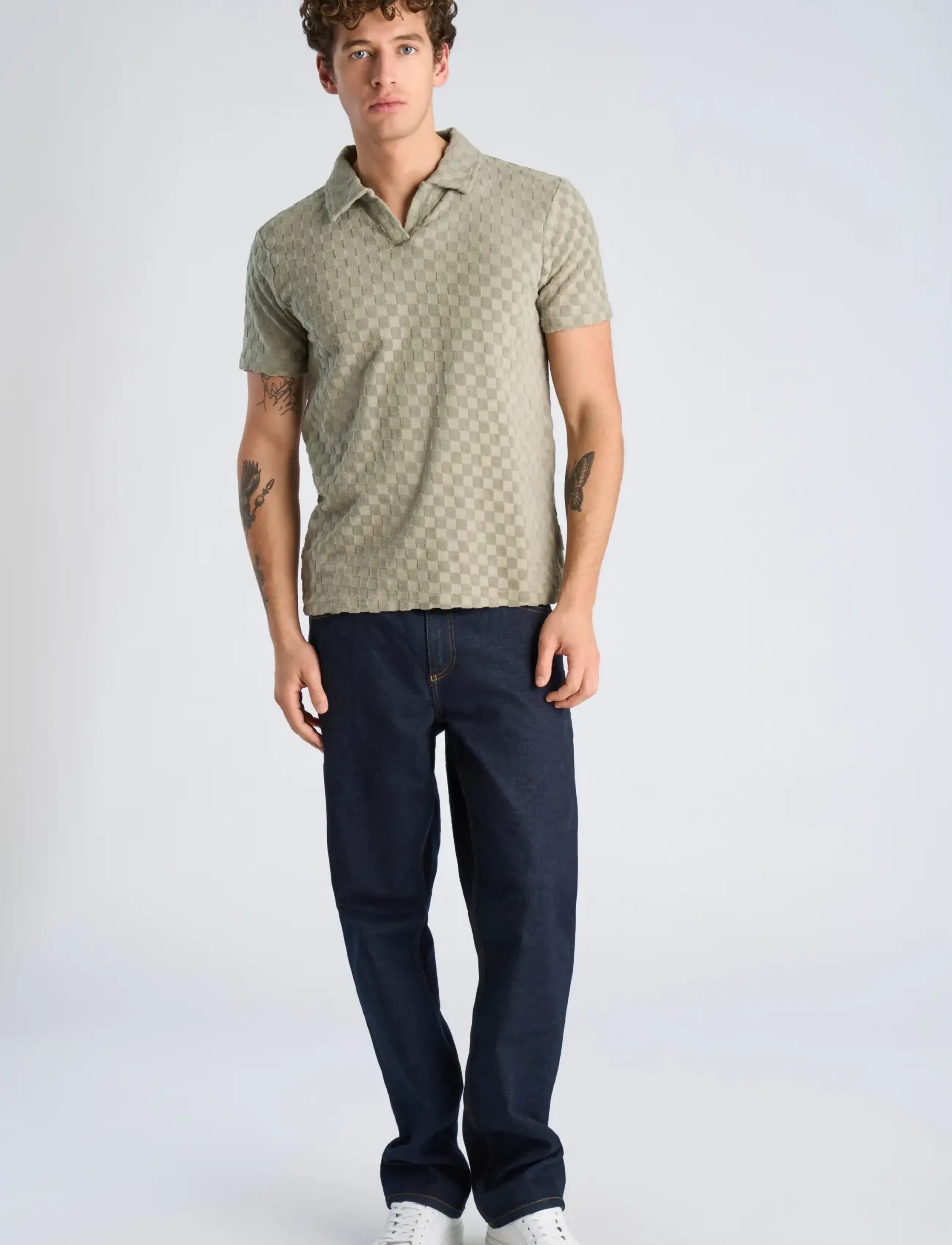 Lindbergh Checkered towel v-neck polo S/S - Poloshirts - DUSTY OLIVE / green