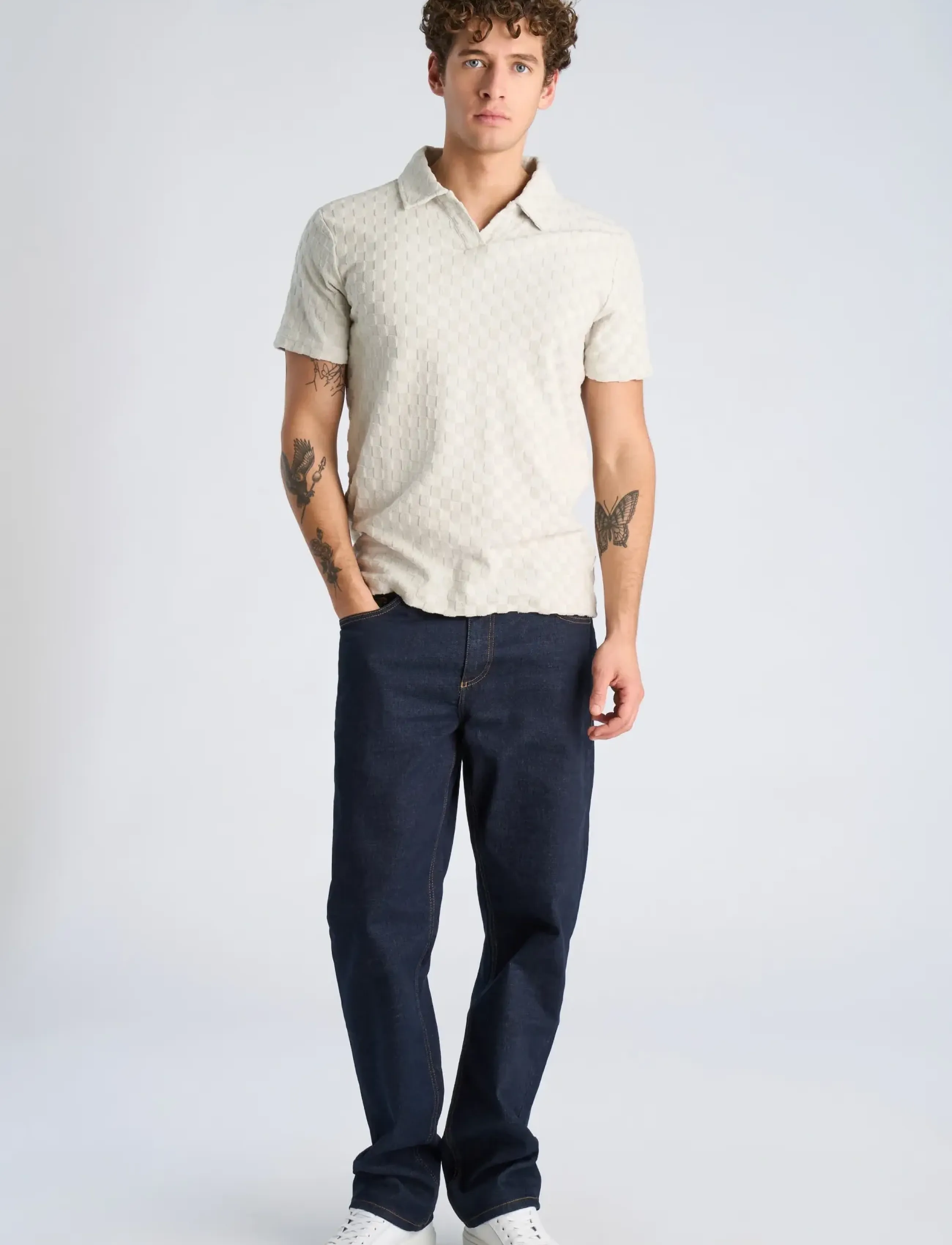 Lindbergh Checkered towel v-neck polo S/S - Poloshirts - FAIR GREY / cream
