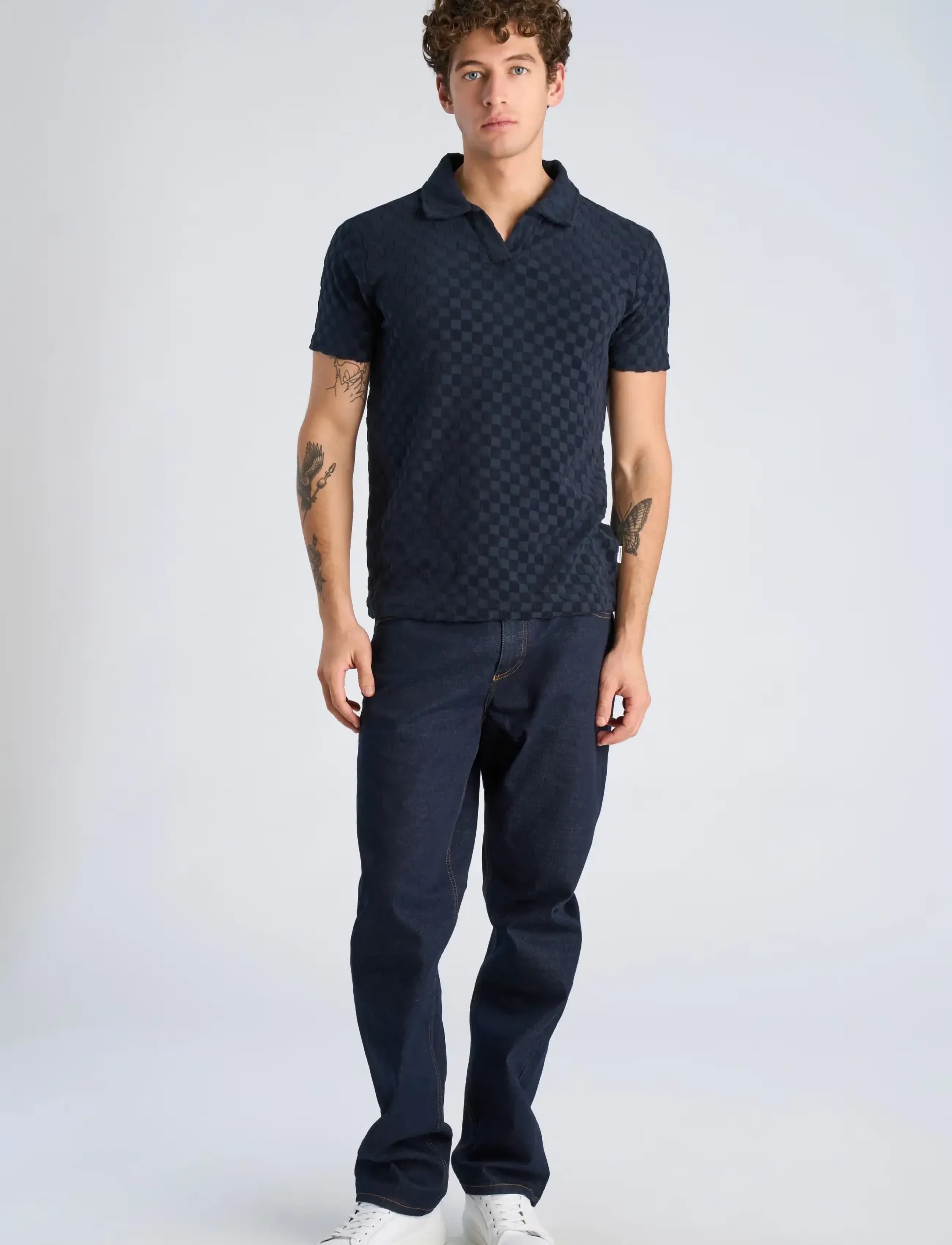 Lindbergh Checkered towel v-neck polo S/S - Poloshirts - NAVY / navy