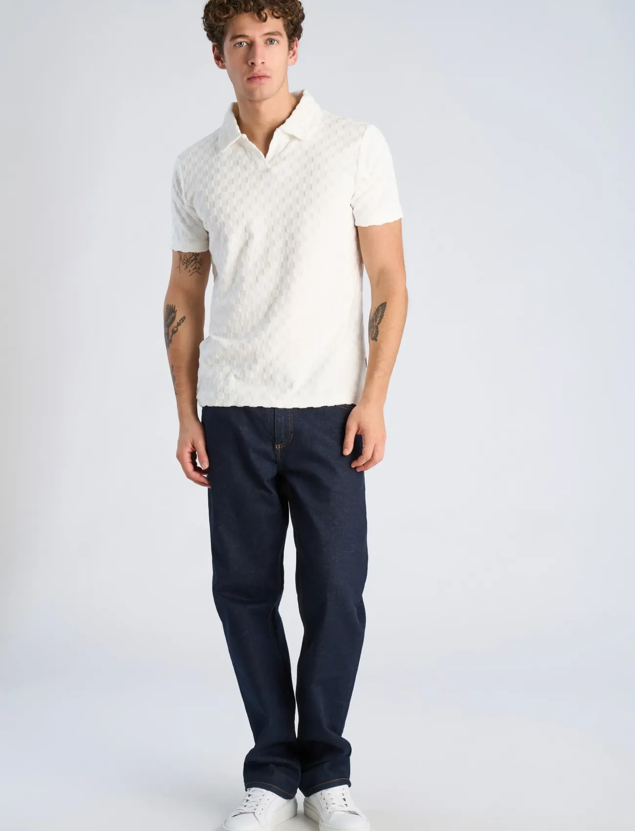 Lindbergh Checkered towel v-neck polo S/S - Poloshirts - OFF WHITE / cream