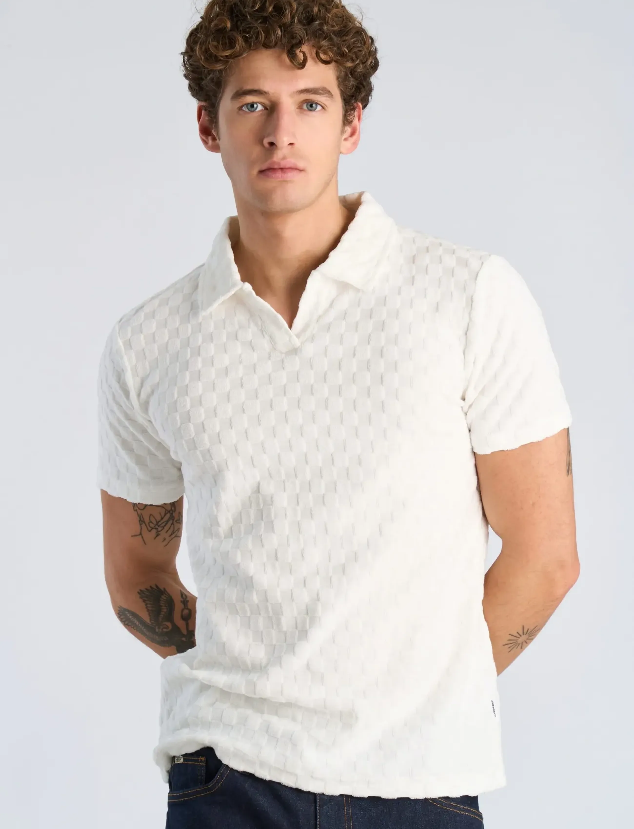 Lindbergh - Checkered towel v-neck polo S/S - kurzärmelig - off white - 3