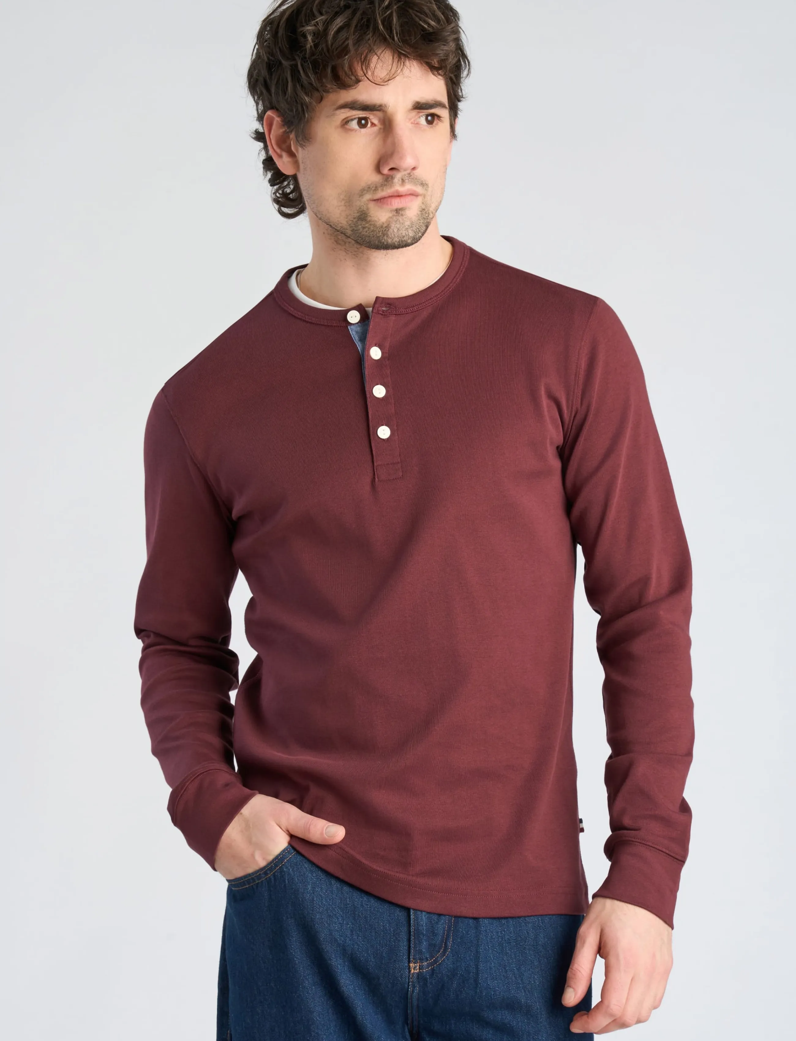 Lindbergh - Solid gradad w contrast fabric L/S - long-sleeved t-shirts - dk bordeaux - 3