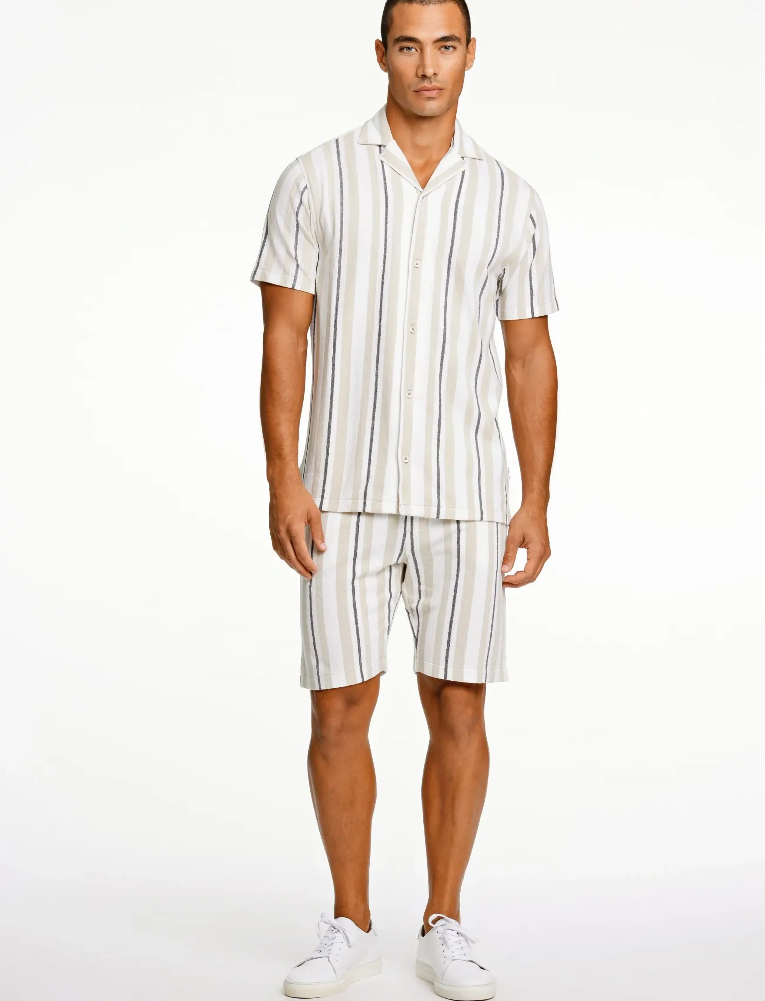 Lindbergh Striped Terry Shorts With Elastic W, Mænd, Stribede Frotte Elastik Talje Shorts, Beige, Str: S