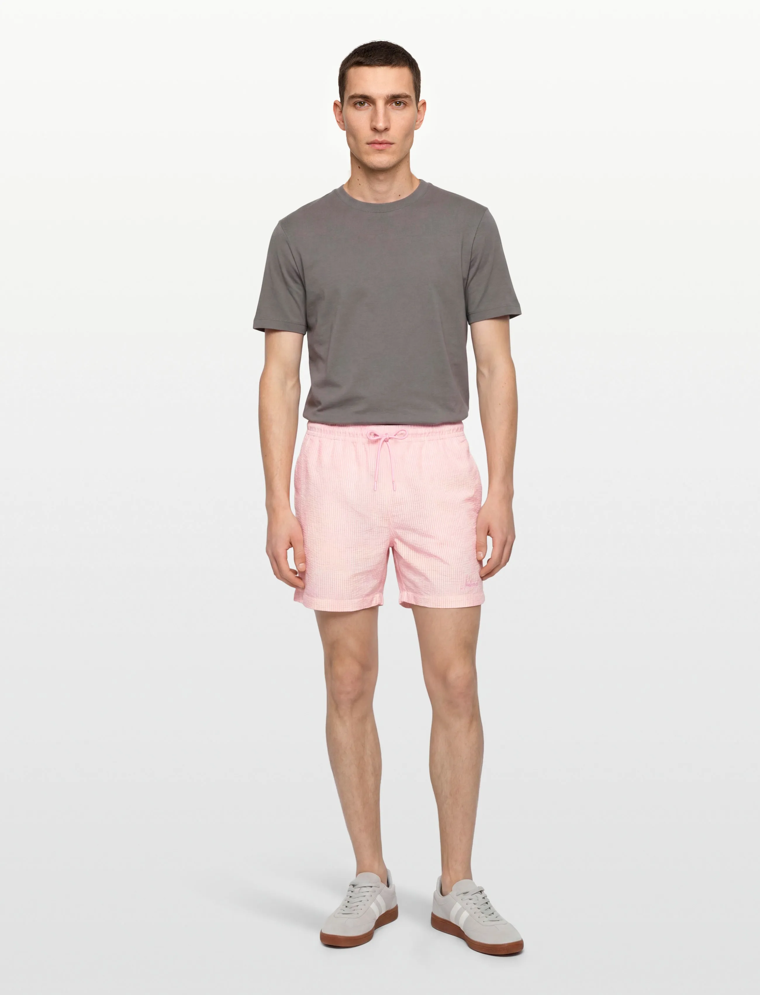 Lindbergh - Striped seersucker swim shorts - badeshorts - pink stripe - 0