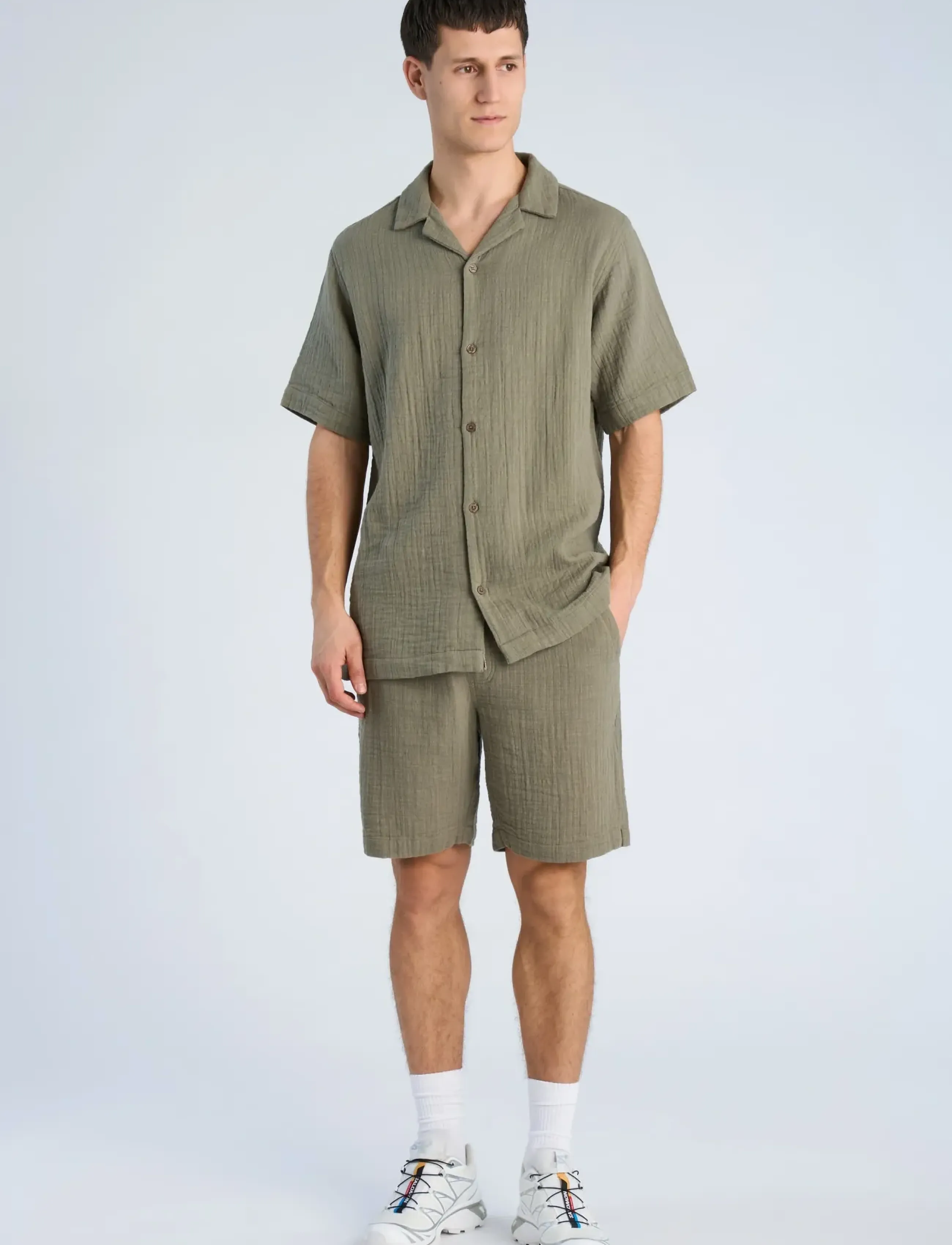 Lindbergh Cotton Muslin Shorts, Mænd, Snøre Muslin Shorts, Kakigrøn, Str: L