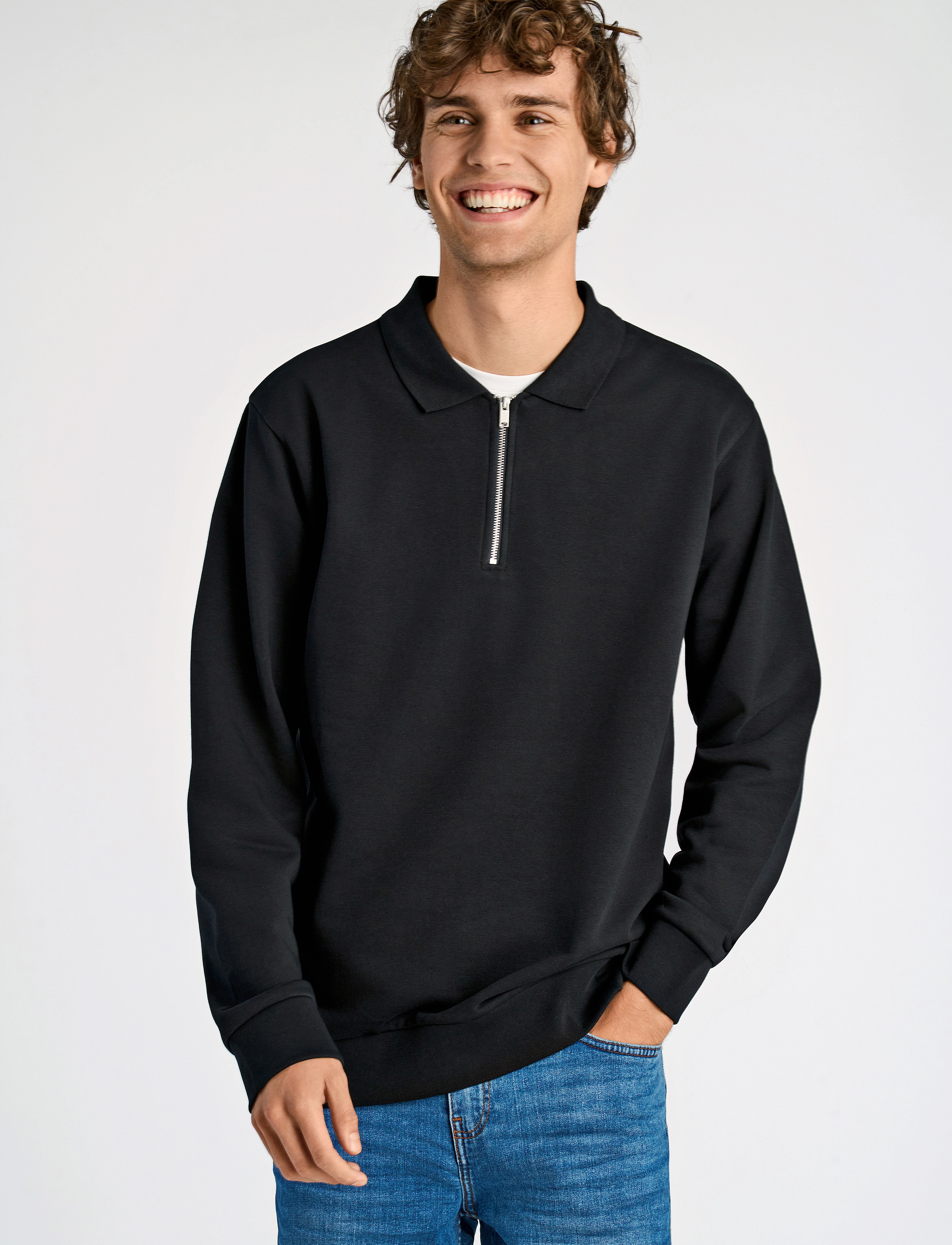 Lindbergh Jersey Pique W Zip L/S, Mænd, Langærmet Half-Zip Polo Sweatshirt, Sort, Str: M