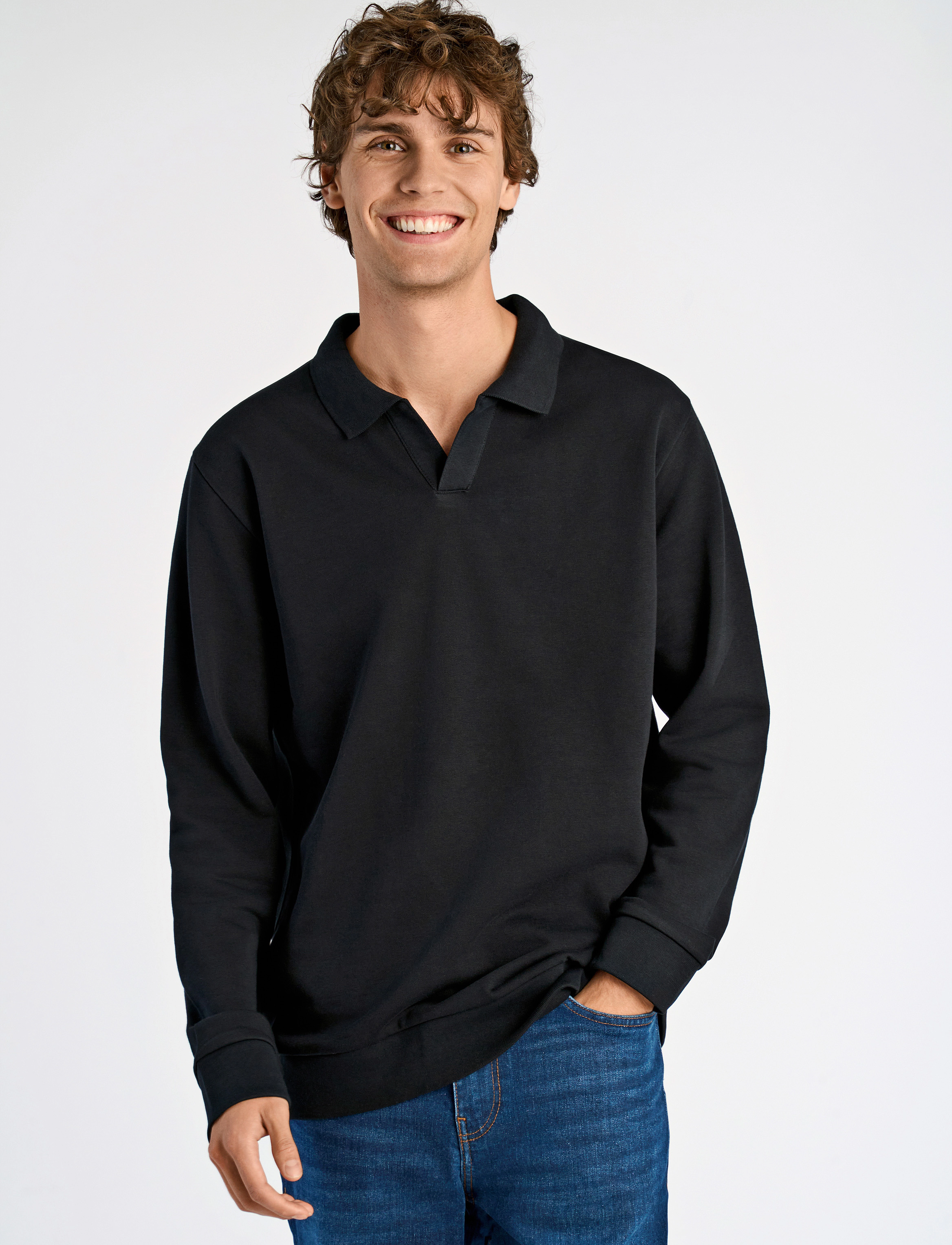 Lindbergh Jersey split neck w. collar L/ - Pikéer - BLACK / black