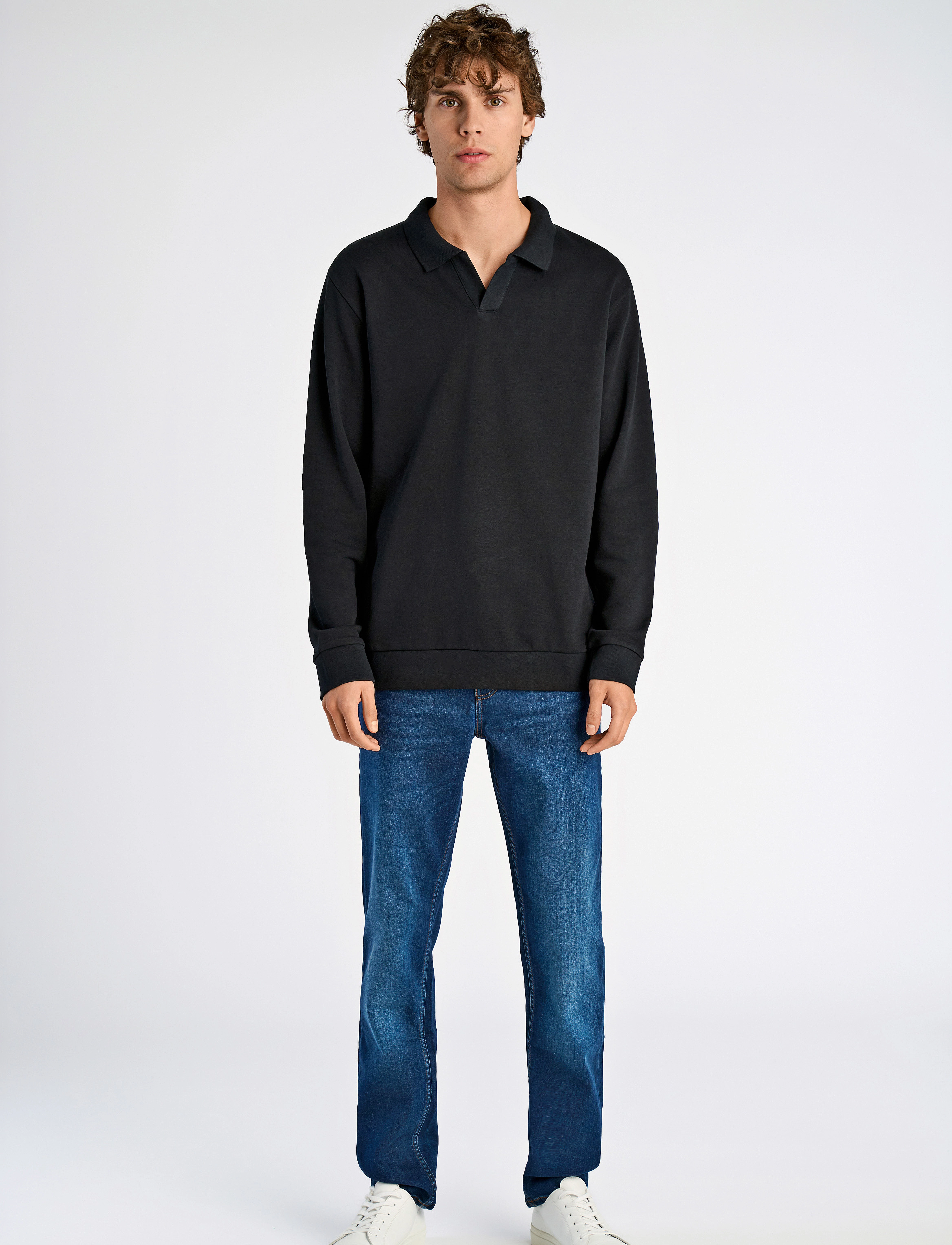 Lindbergh - Jersey split neck w. collar L/ - long-sleeved polos - black - 4