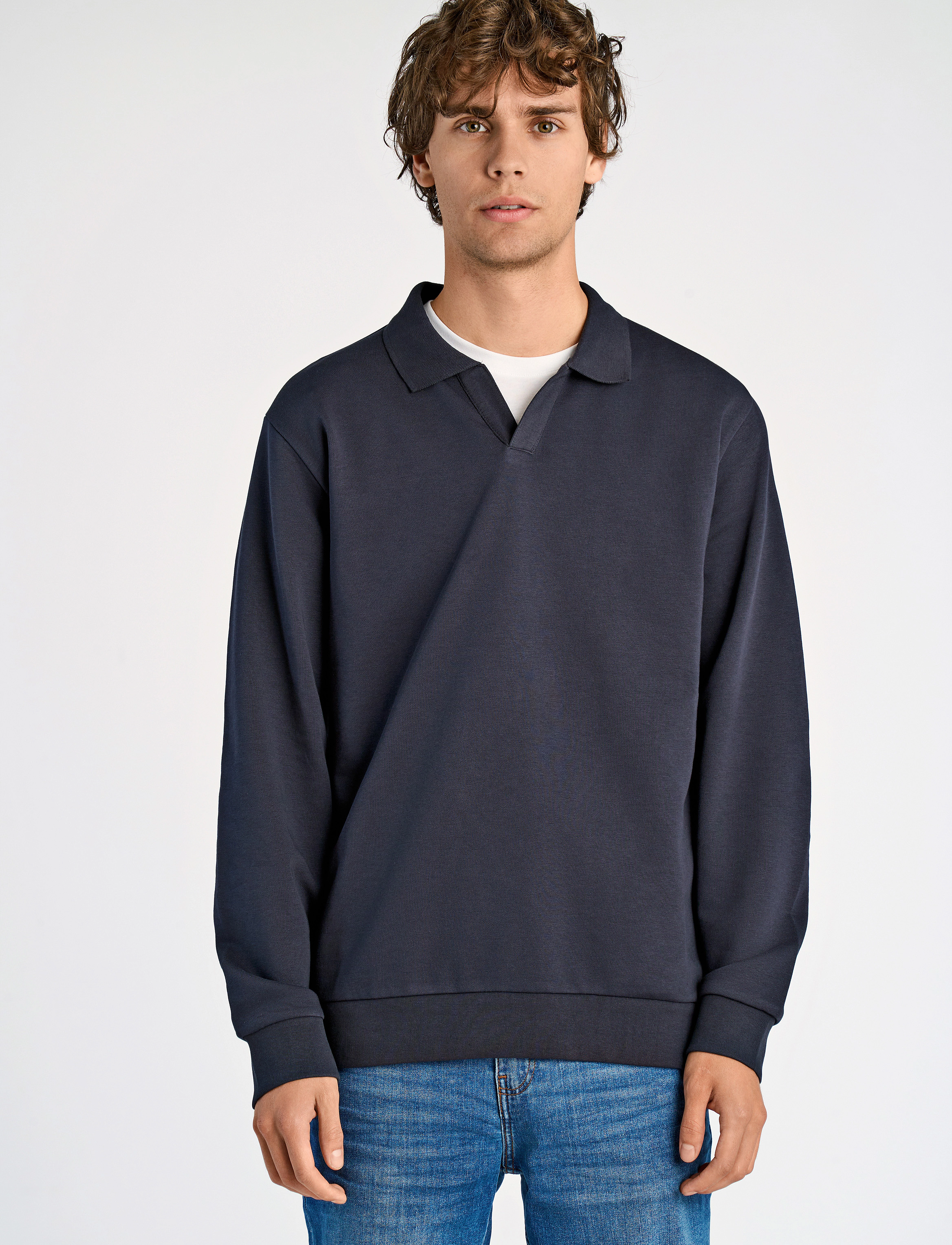 Lindbergh Jersey split neck w. collar L/ - Sweatshirts - NAVY / navy