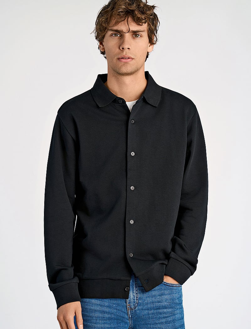 Lindbergh - Jersey button through pique L/S - vabaajasärgid - black - 0