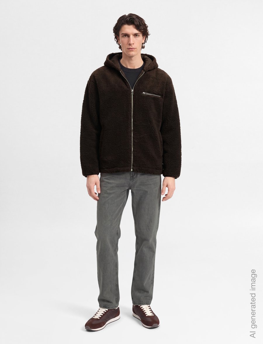 Lindbergh - Zip trough pile hoodie - teddy-pusad - dk brown - 0