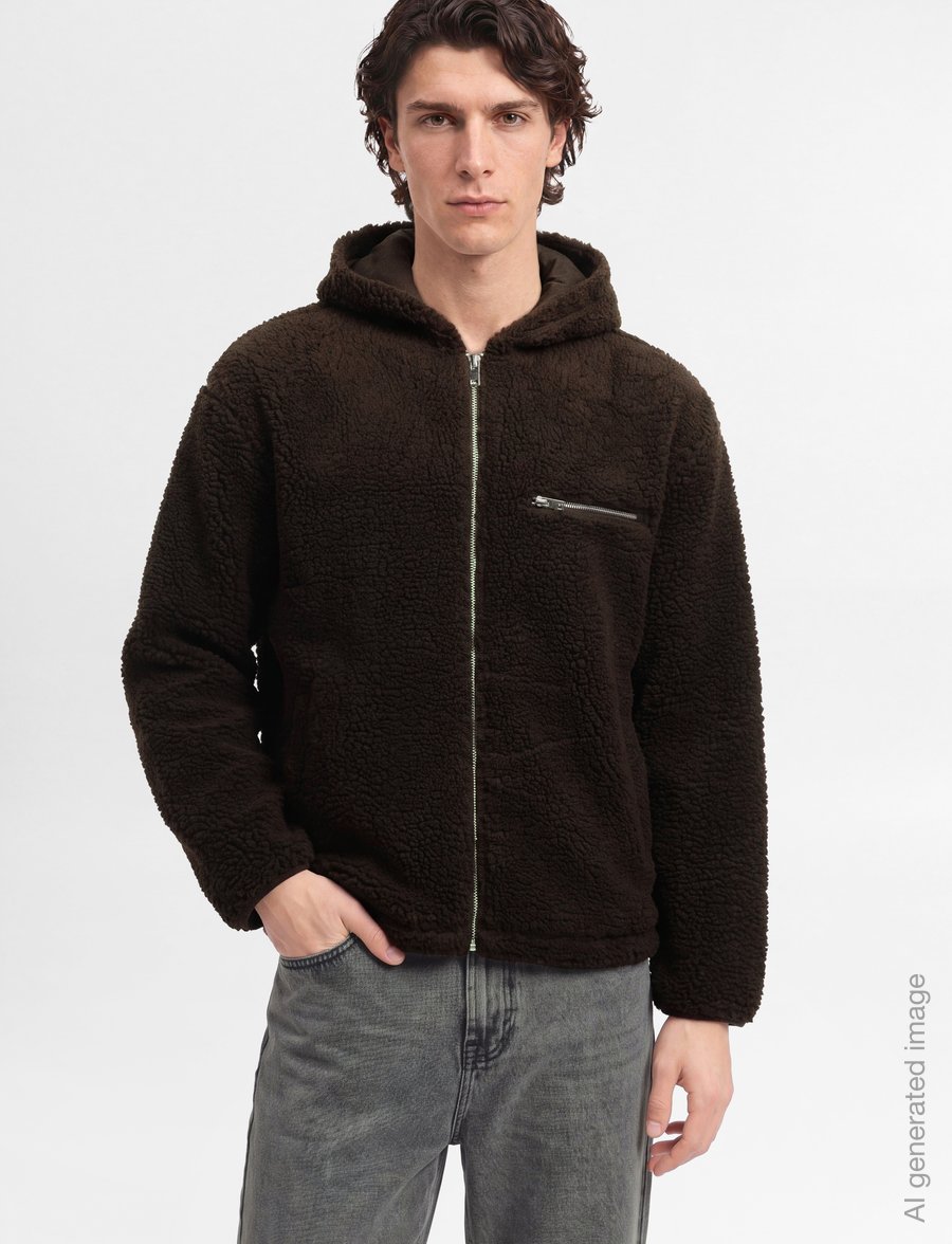 Lindbergh - Zip trough pile hoodie - teddy-pusad - dk brown - 3