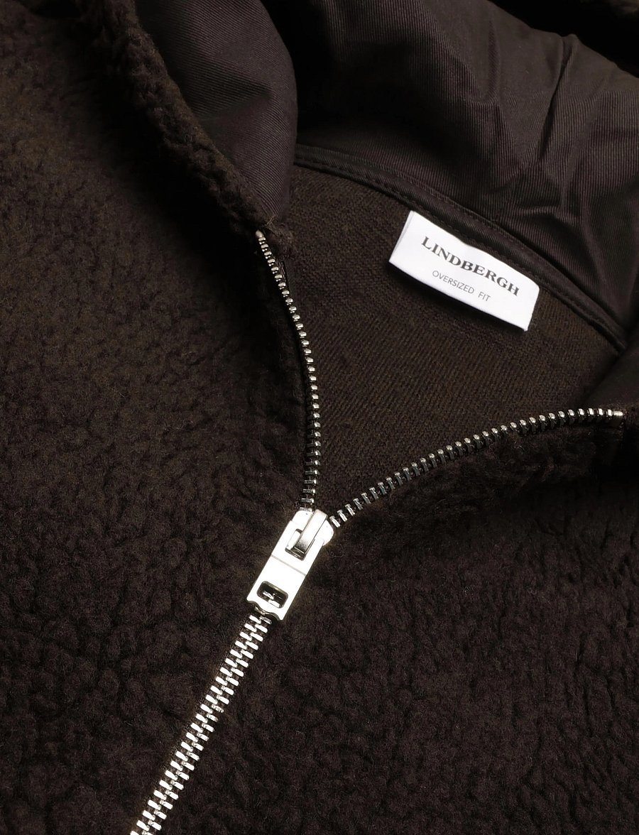 Lindbergh - Zip trough pile hoodie - höstjackor - dk brown - 2