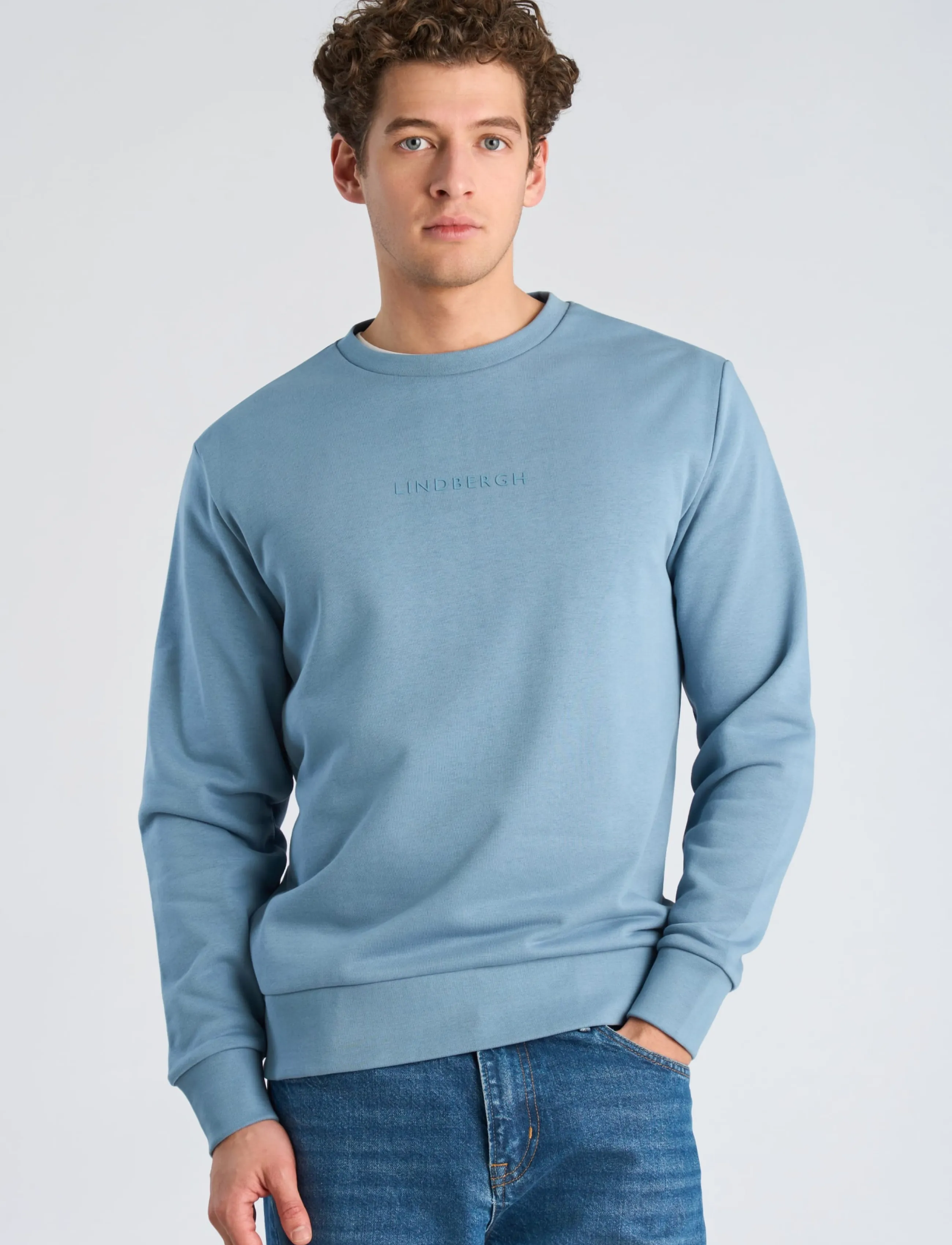 Lindbergh - Logo chest print o-neck sweat - sweatshirts - mid blue - 3