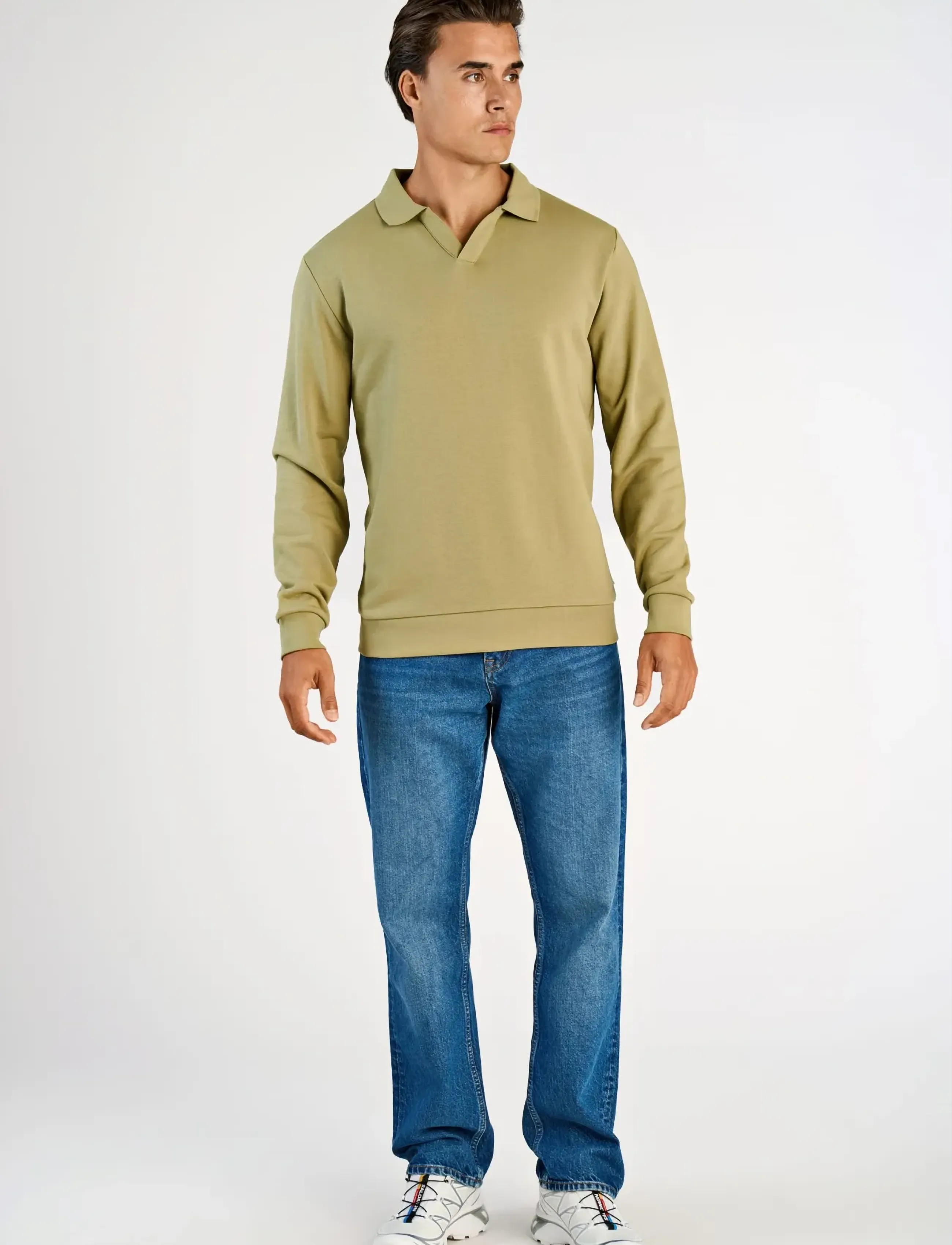 Lindbergh Sweat V-Neck Polo L/S, Mænd, Langærmet Polo Sweatshirt, Kakigrøn, Str: M
