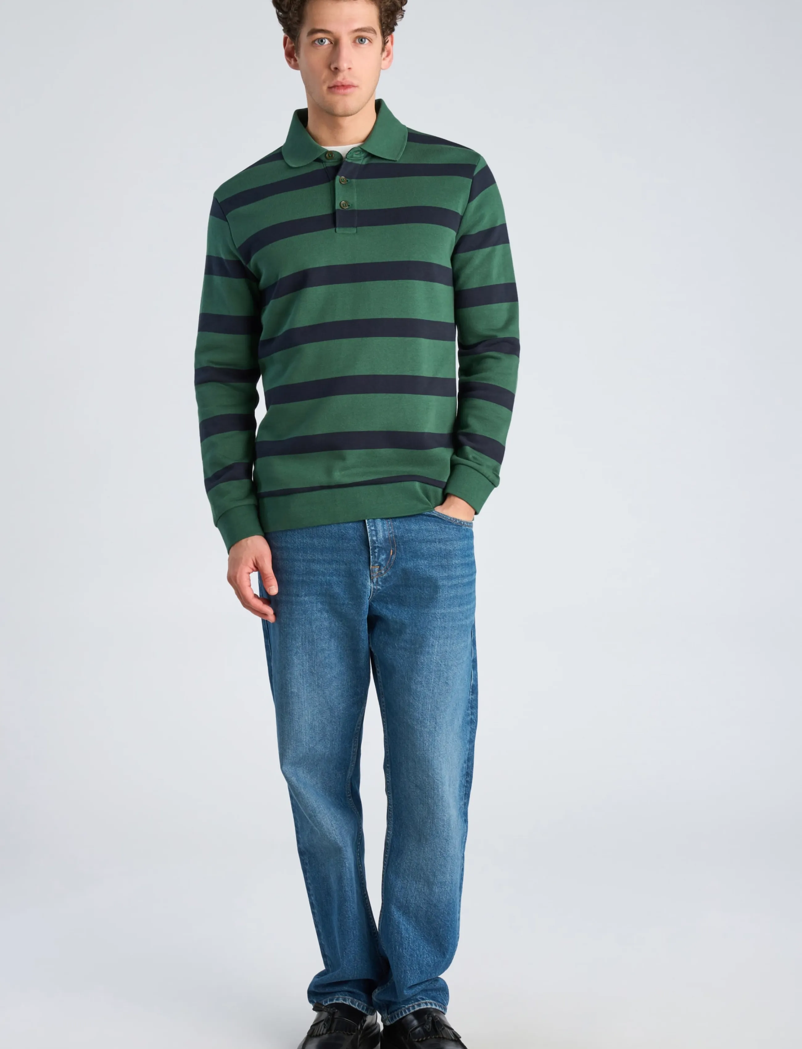 Lindbergh Striped polo sweatshirt L/S - Långärmade pikéer - DK GREEN / green