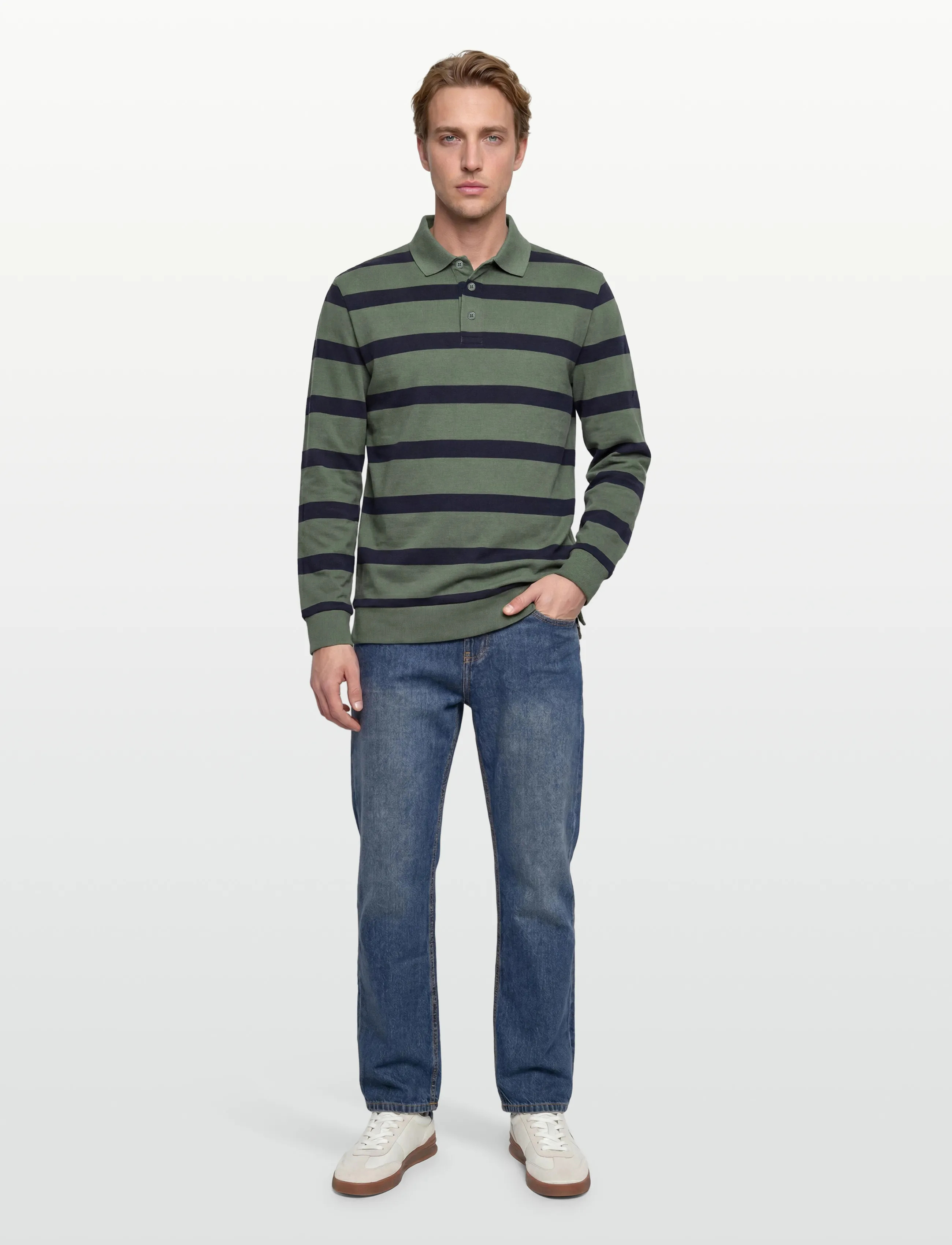 Lindbergh Striped polo sweatshirt L/S - Langärmelig - PINE GREEN / khaki/green