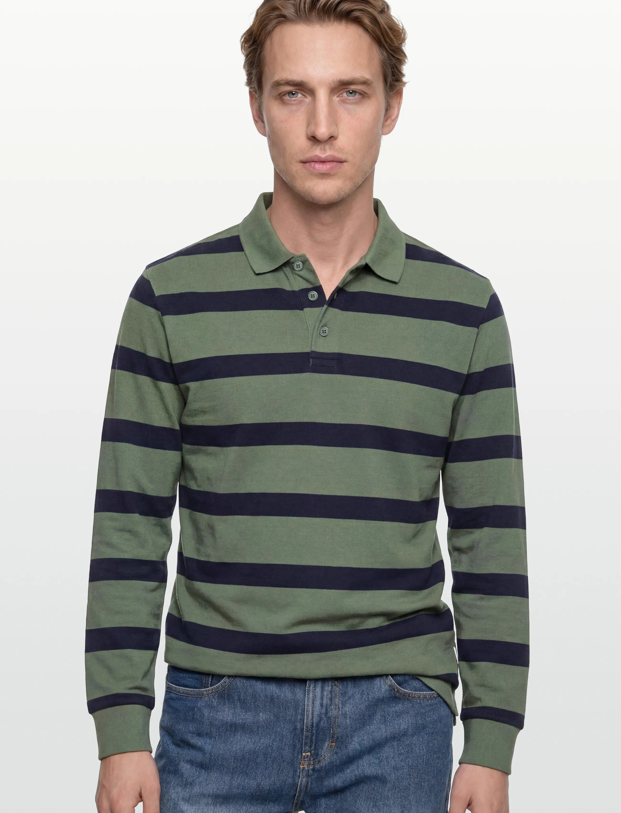 Lindbergh - Striped polo sweatshirt L/S - långärmade pikéer - pine green - 3