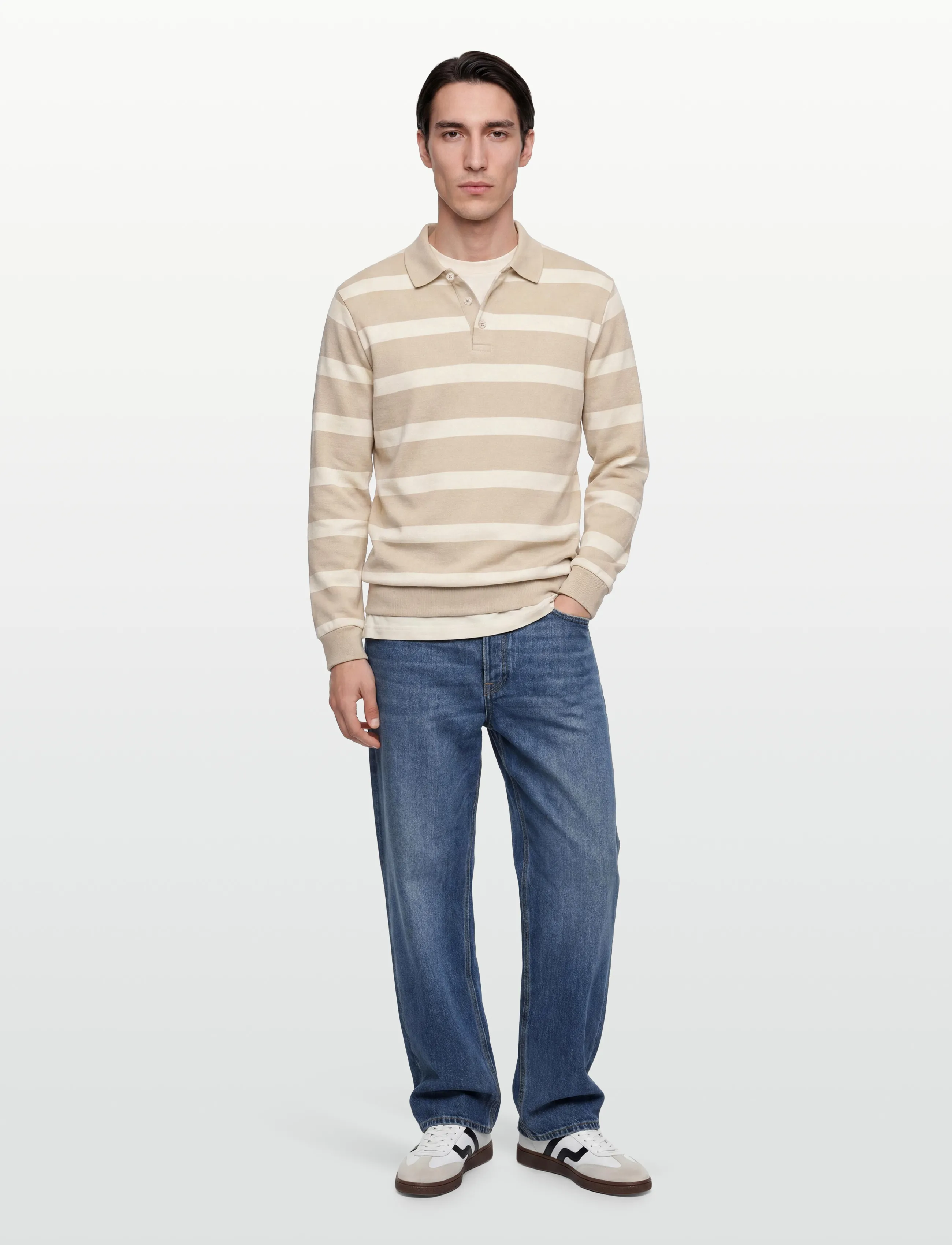 Lindbergh Striped Polo Sweatshirt L/S, L, Beige, Poloer > Langærmede, Herre