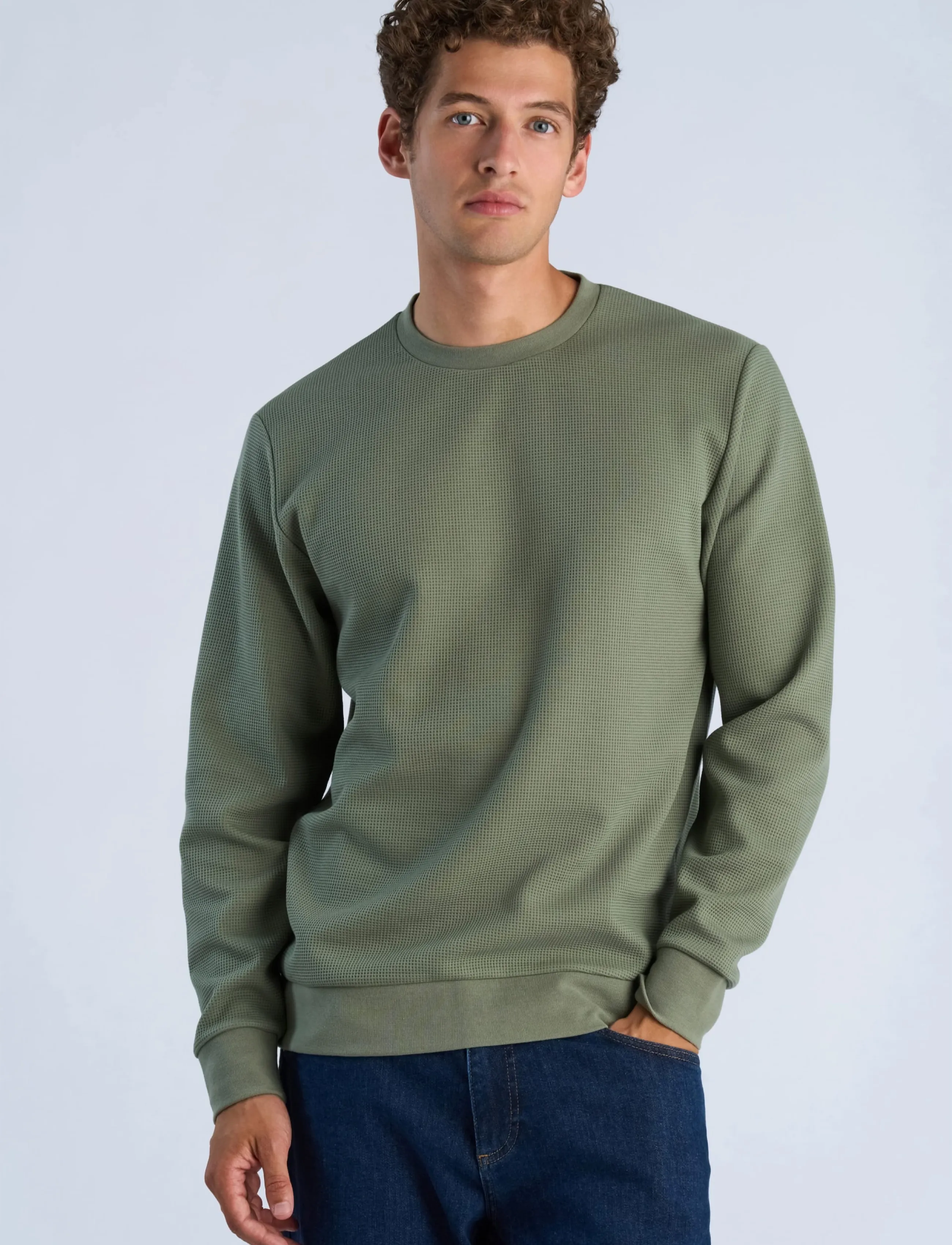 Lindbergh - Waffle crew neck sweat - autumn savings - lt dusty army - 3