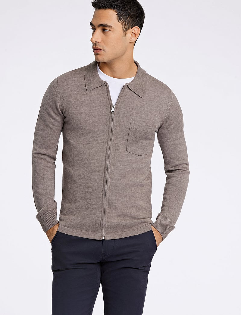 Lindbergh - Merino polo collar zip cardigan - dk sand - 0