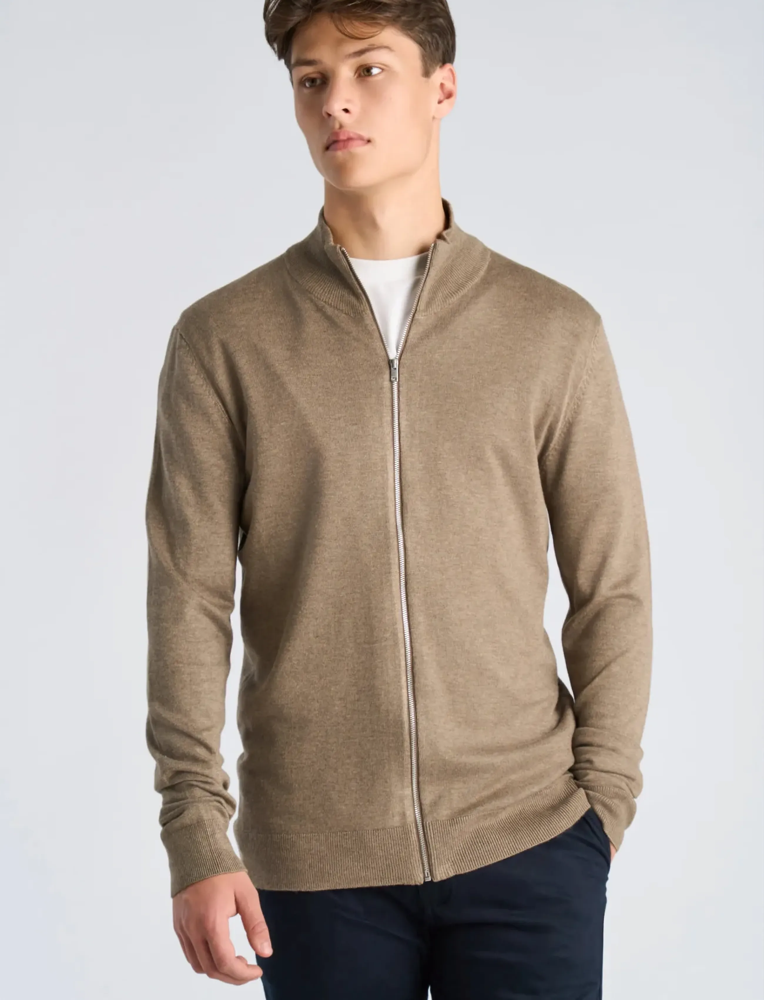 Lindbergh - Ecovero L/S zip cardigan - full zip jumpers - dk sand mel - 3
