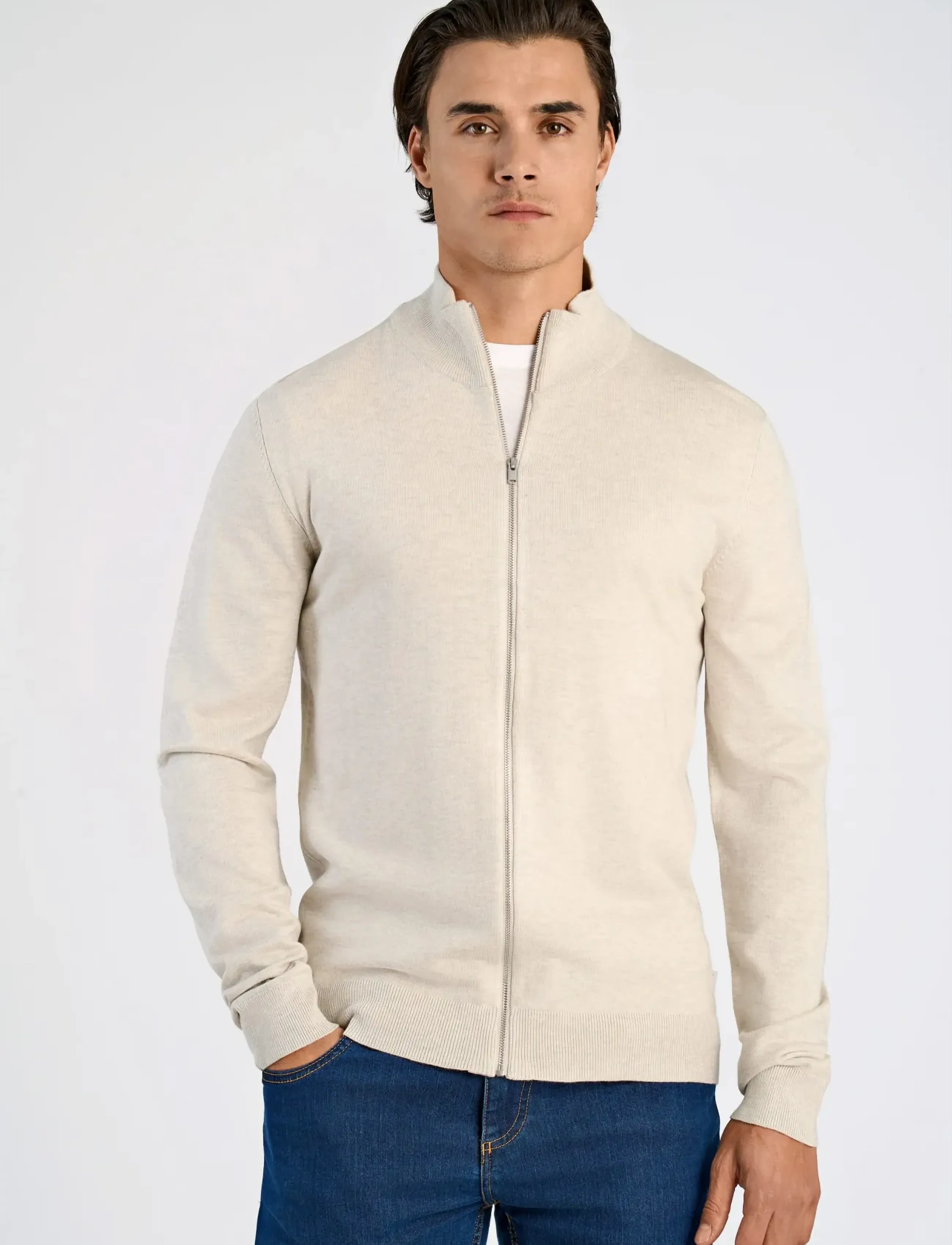 Lindbergh - Ecovero L/S zip cardigan - full zip jumpers - off white mel - 3