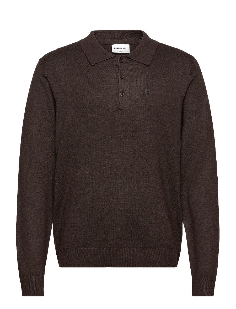 Lindbergh - Long sleeve knitted poloshirt - geweven polo's met lange mouwen - dk brown mel - 1