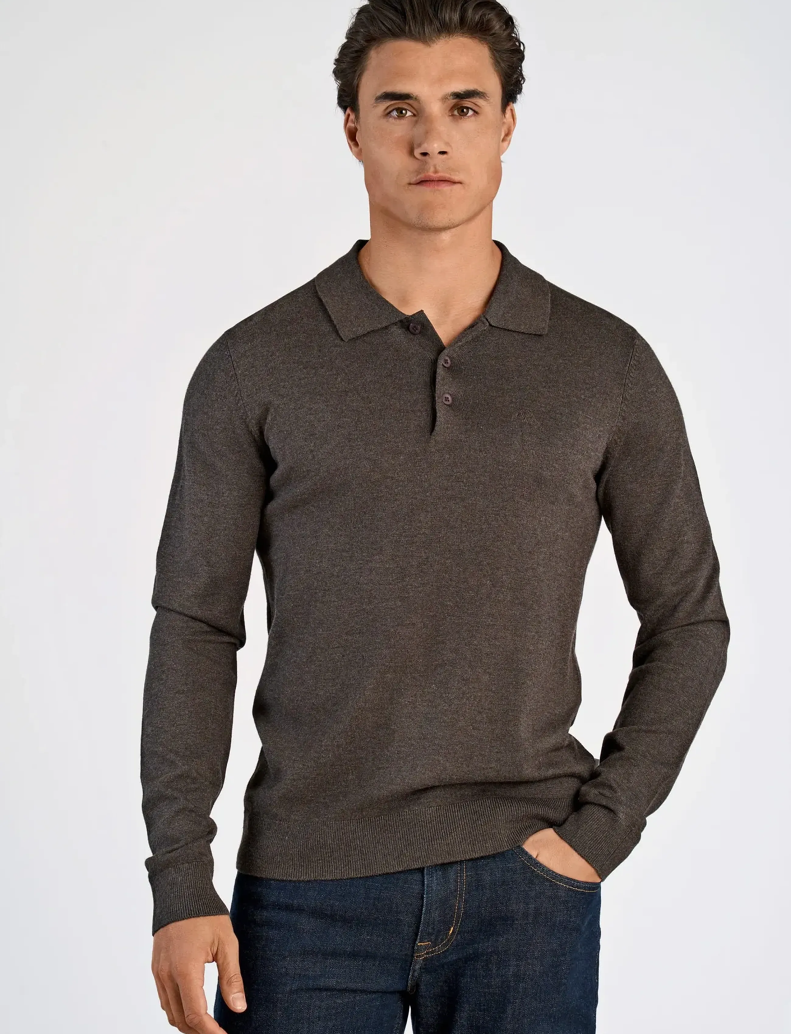 Lindbergh - Long sleeve knitted poloshirt - langärmelige gestrickte polohemden - dk brown mel - 0