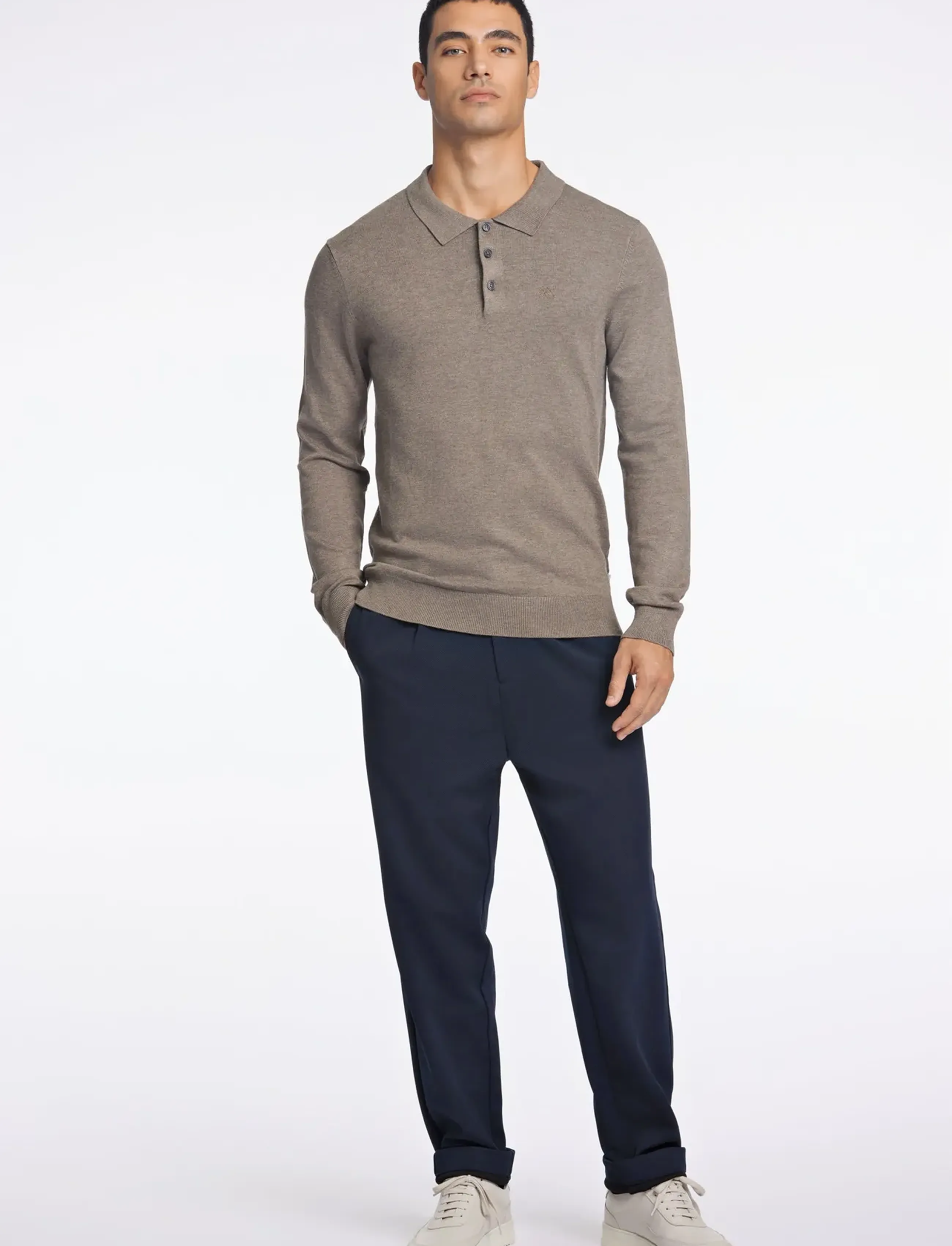 Lindbergh - Long sleeve knitted poloshirt - long-sleeved knitted polos - dk sand mel - 3
