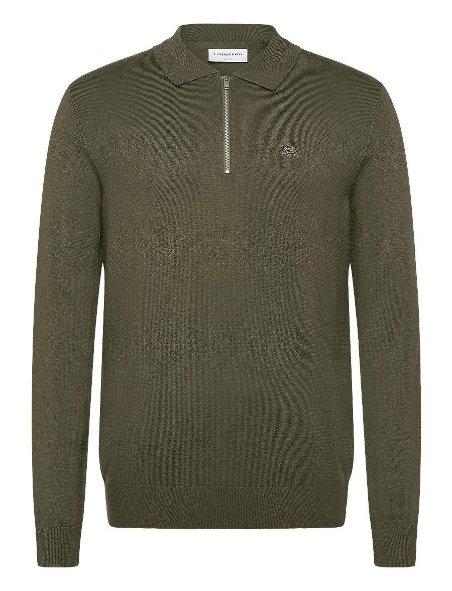 Lindbergh - Ecovero L/S zip polo - langärmelige gestrickte polohemden - army - 0