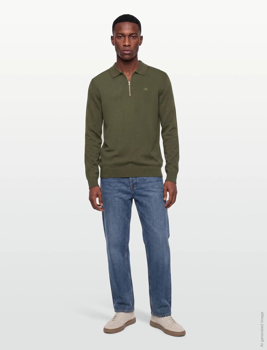 Lindbergh - Ecovero L/S zip polo - langärmelige strick-polohemden - army - 0