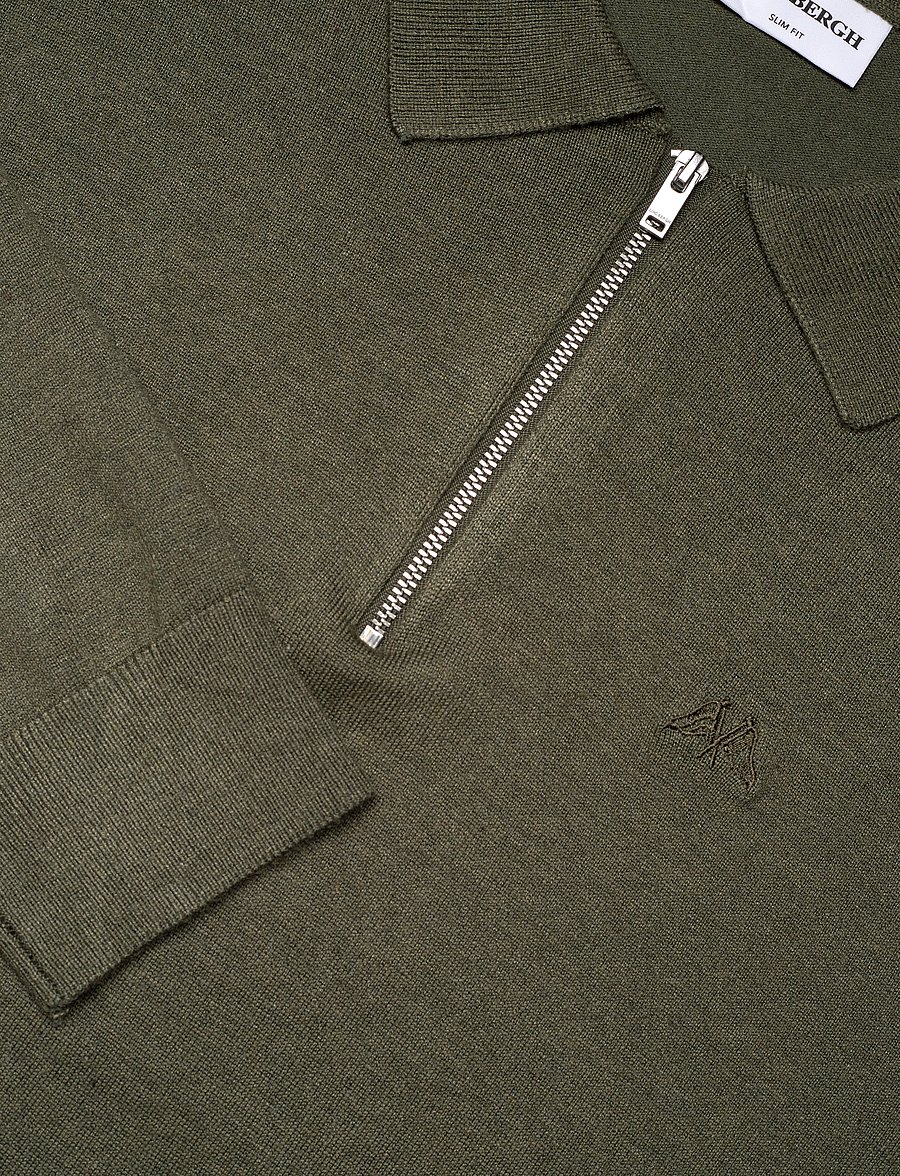 Lindbergh - Ecovero L/S zip polo - langärmelige gestrickte polohemden - army mel - 2