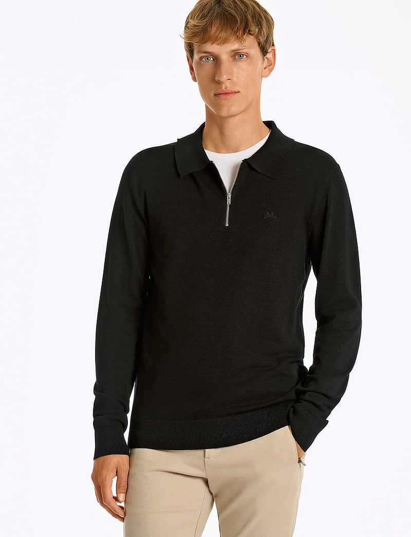 Lindbergh - Ecovero L/S zip polo - stickade pikéer - black - 0