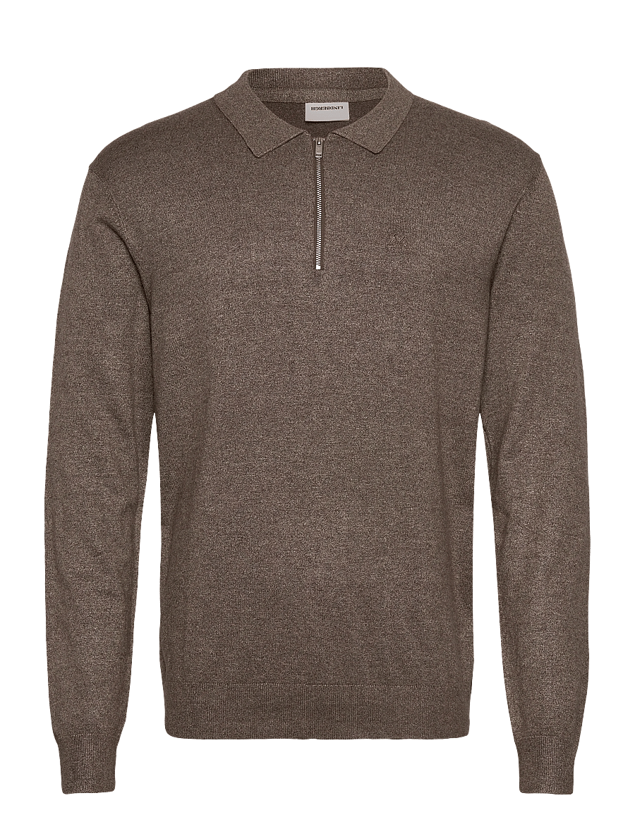 Lindbergh - Ecovero L/S zip polo - langärmelige gestrickte polohemden - brown blend - 0
