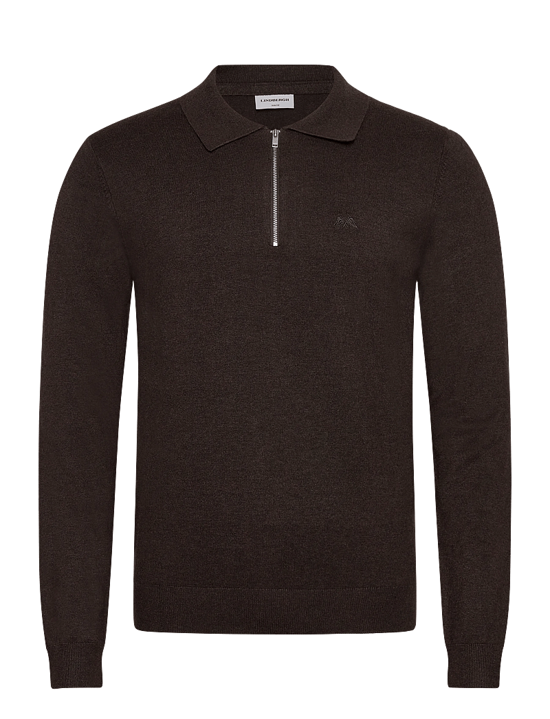 Lindbergh - Ecovero L/S zip polo - långärmade stickade pikétröjor - dk brown mel - 0