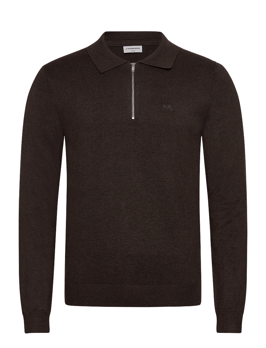 Lindbergh - Ecovero L/S zip polo - långärmade stickade pikétröjor - dk brown mel - 0