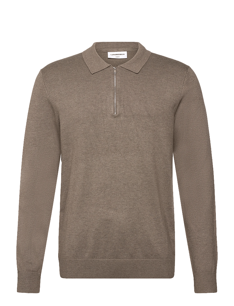 Lindbergh - Ecovero L/S zip polo - langärmelige gestrickte polohemden - dk sand mel - 1
