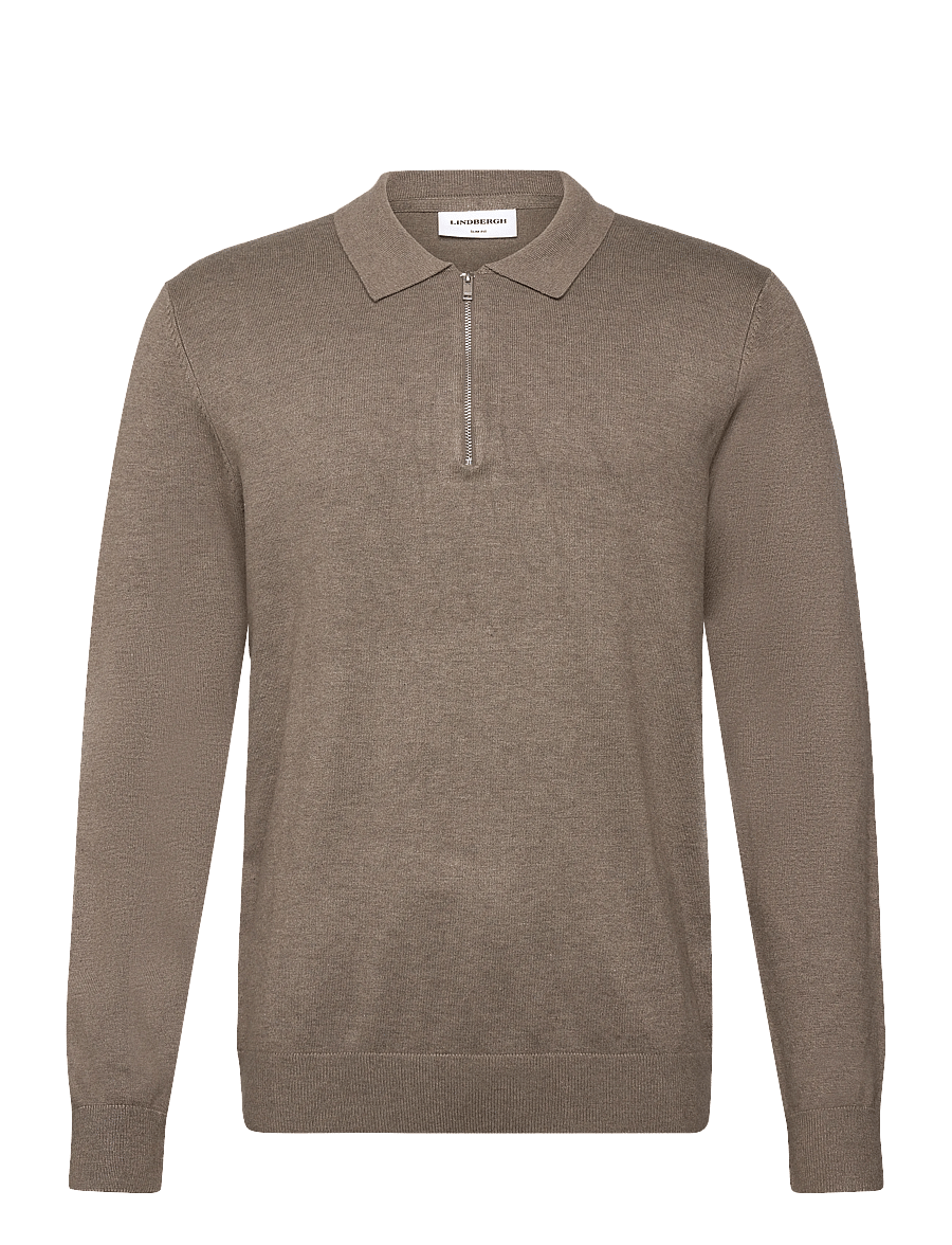 Lindbergh - Ecovero L/S zip polo - langärmelige gestrickte polohemden - dk sand mel - 1