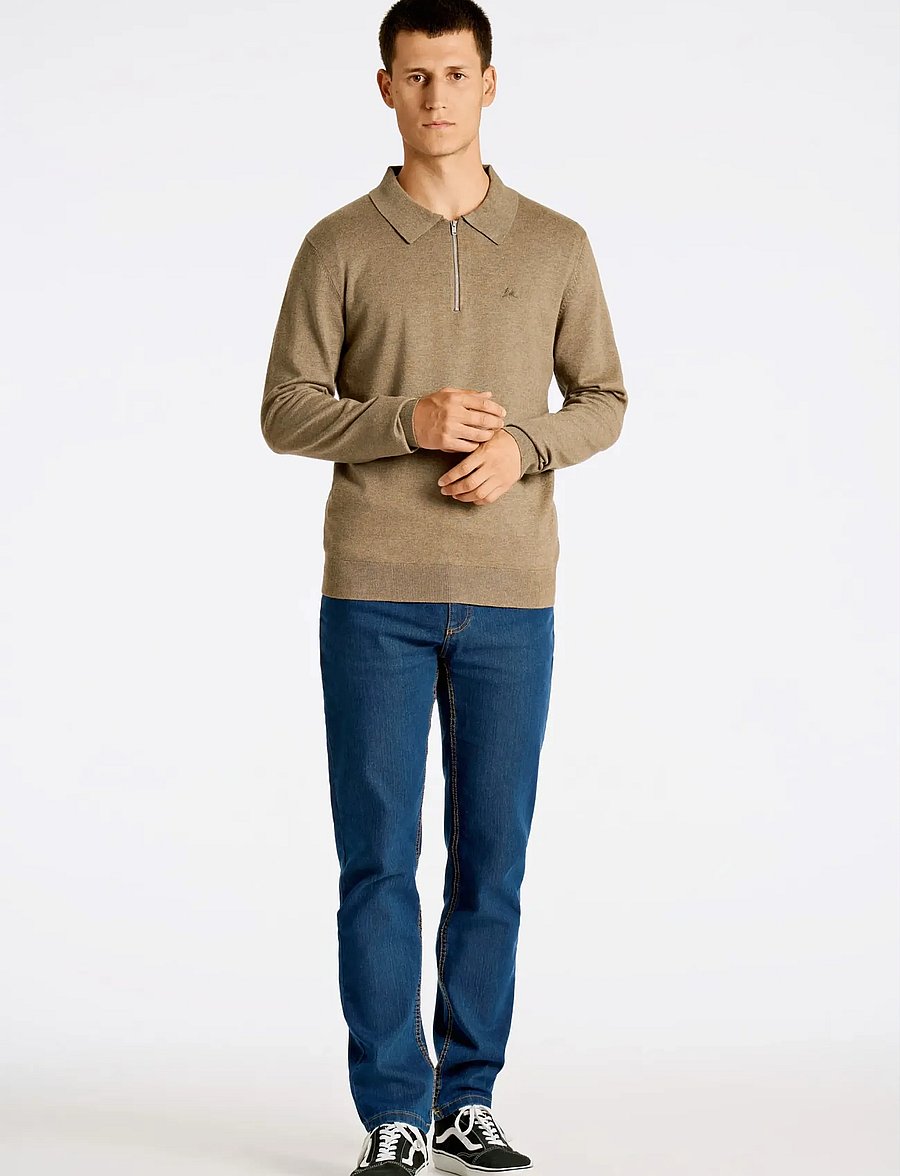 Lindbergh - Ecovero L/S zip polo - langärmelige gestrickte polohemden - dk sand mel - 0