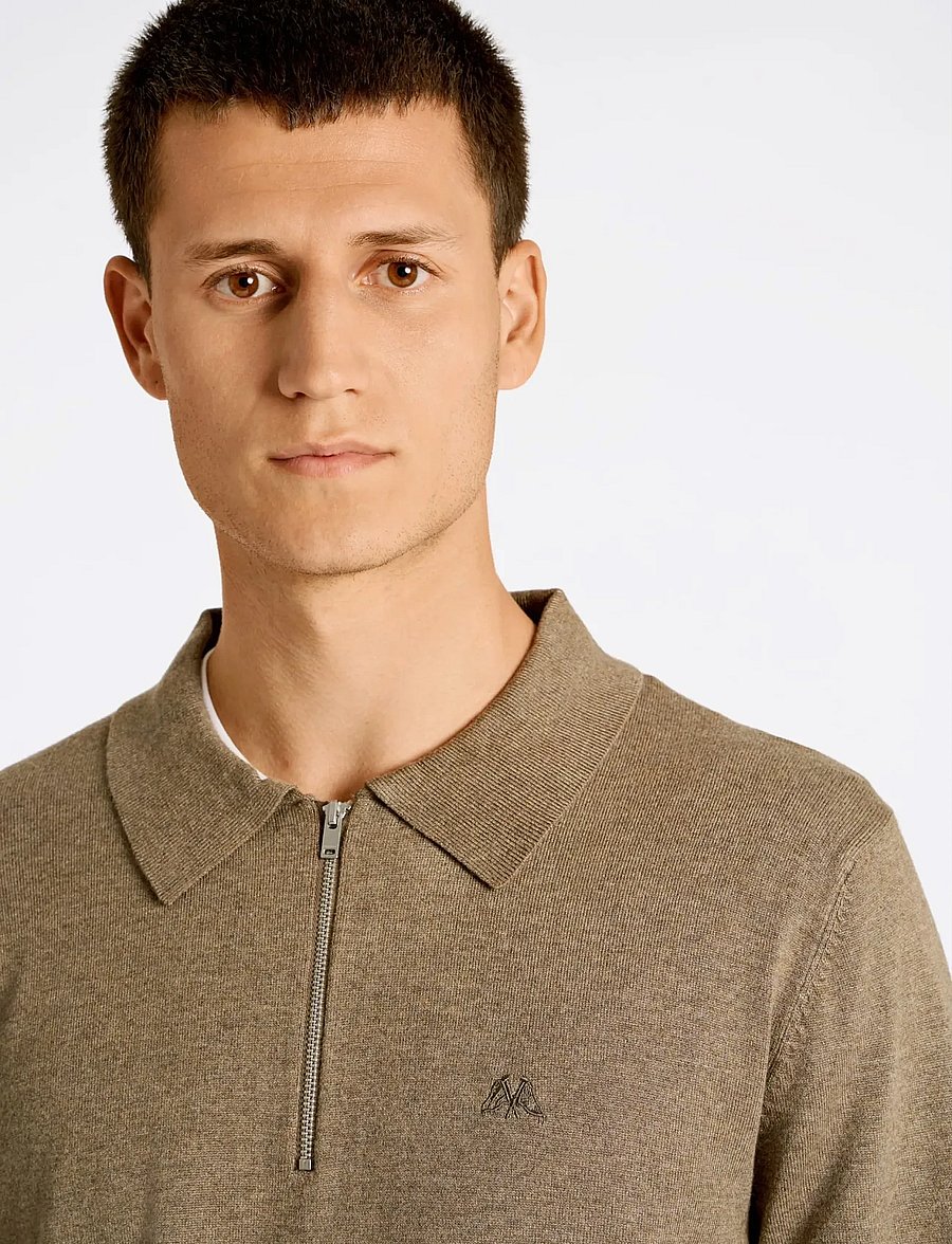 Lindbergh - Ecovero L/S zip polo - langärmelige gestrickte polohemden - dk sand mel - 5