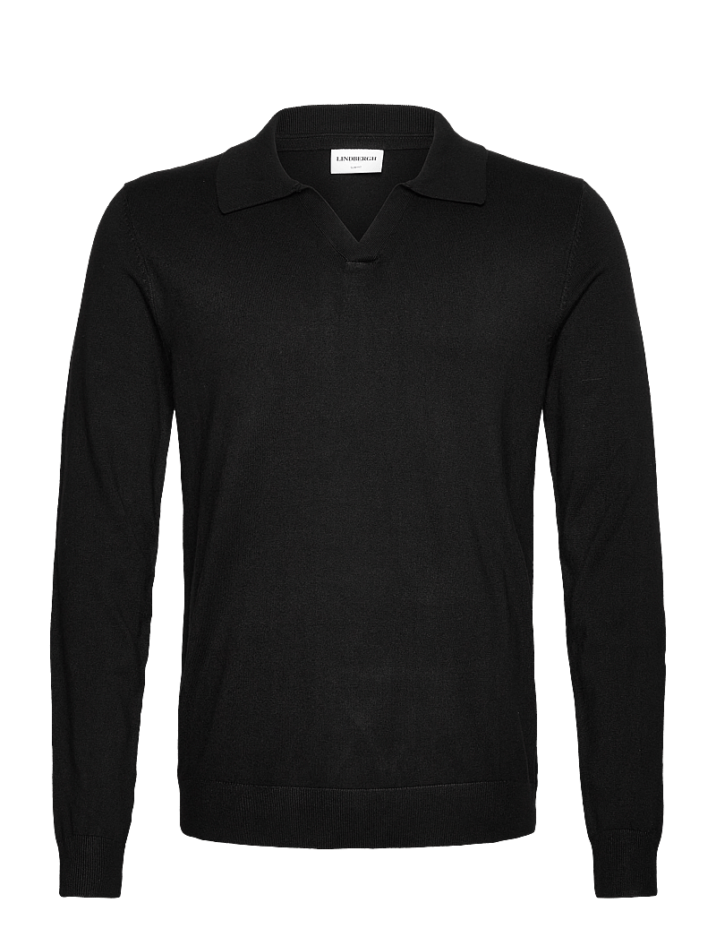 Lindbergh - Ecovero L/S v-neck polo - langärmelige gestrickte polohemden - black - 1
