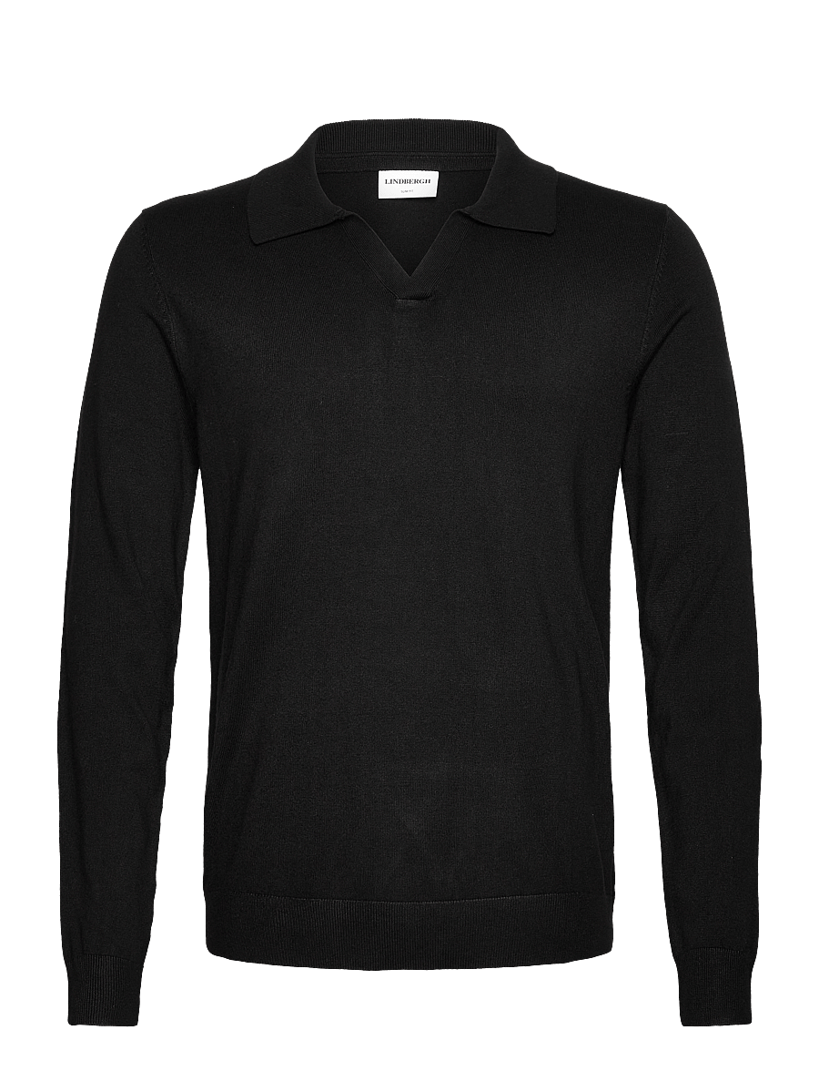 Lindbergh - Ecovero L/S v-neck polo - langärmelige gestrickte polohemden - black - 1