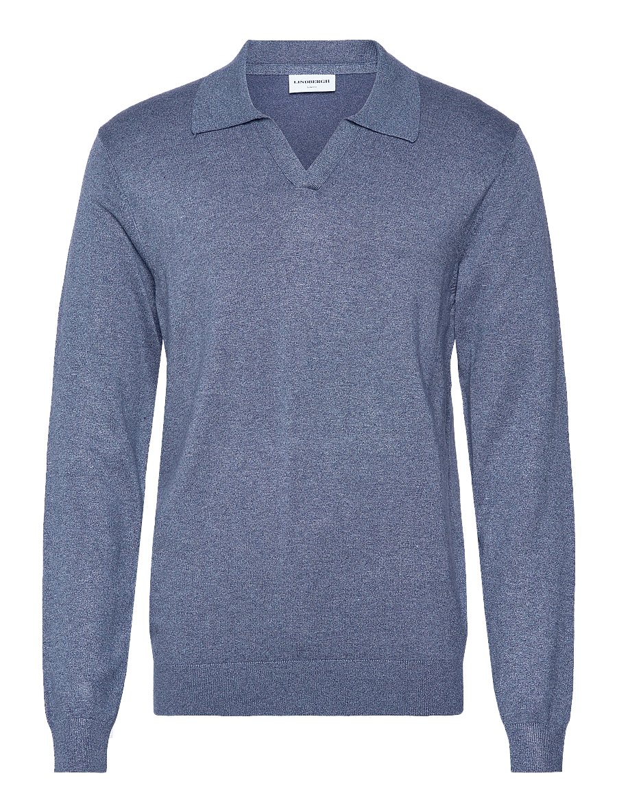 Lindbergh - Ecovero L/S v-neck polo - langärmelige gestrickte polohemden - blue blend - 0